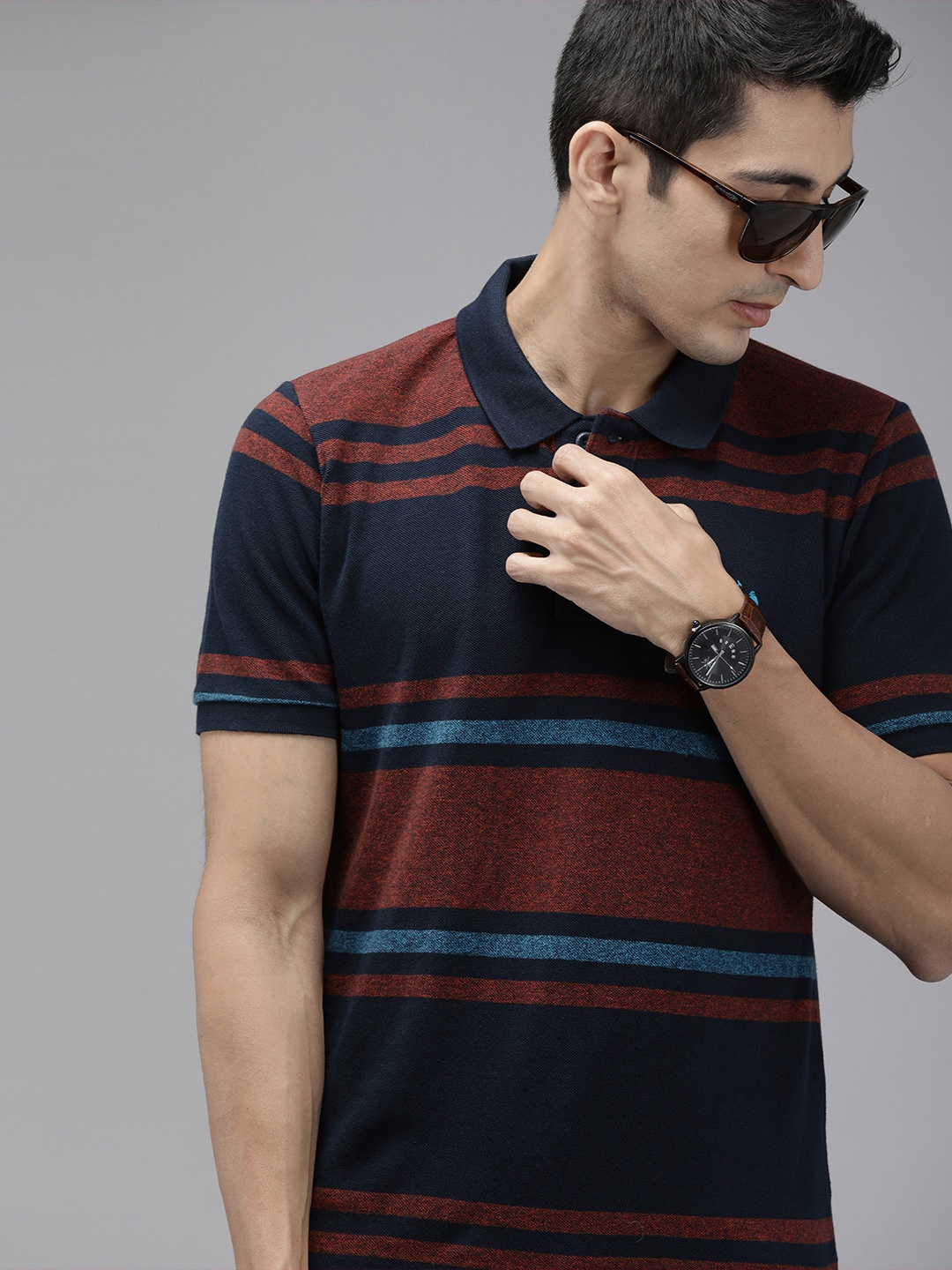 

U.S. Polo Assn. Men Navy Blue & Rust Orange Striped Polo Collar Cotton T-shirt