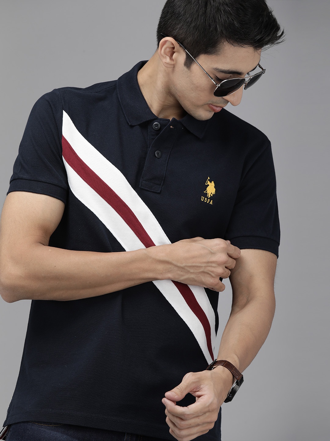

U.S. Polo Assn. Men Navy Blue & White Striped Polo Collar T-shirt