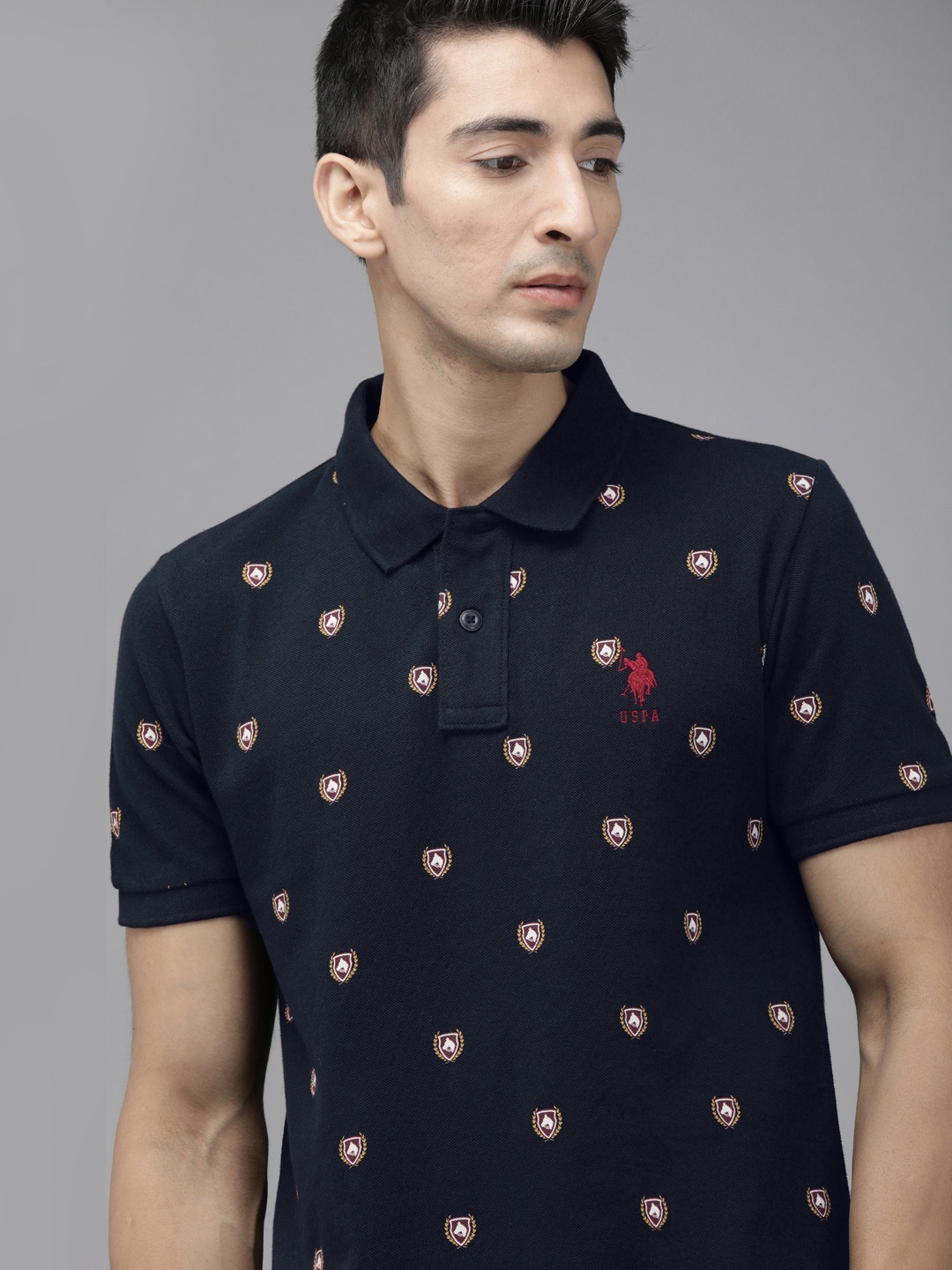 

U.S. Polo Assn. Men Navy Blue & White Conversational Printed Polo Collar Cotton T-shirt