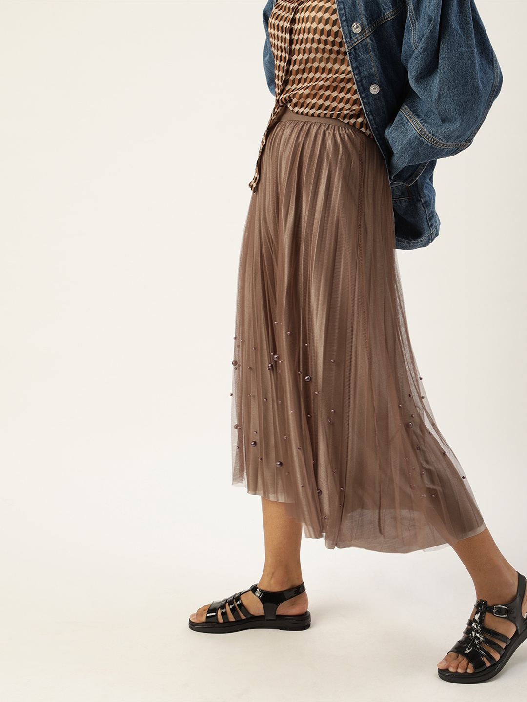 

SHECZZAR Women Brown Embellished Accordion Pleated Flared Skirt
