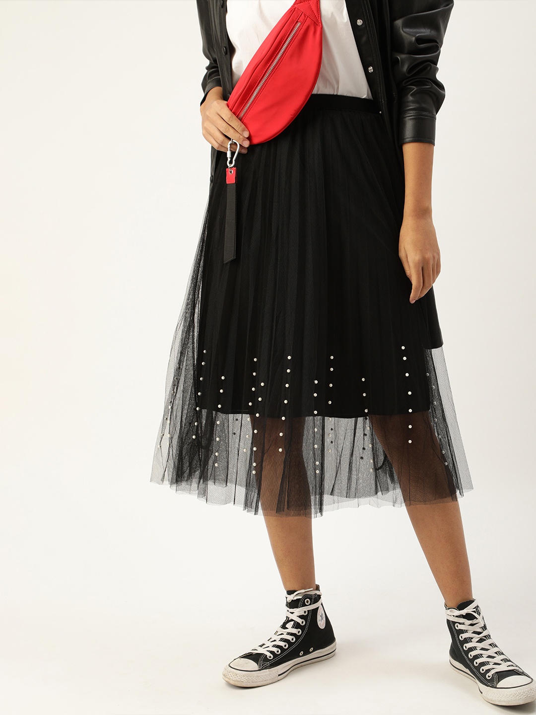

SHECZZAR Women Black Embellished Accordion Pleated Flared Skirt