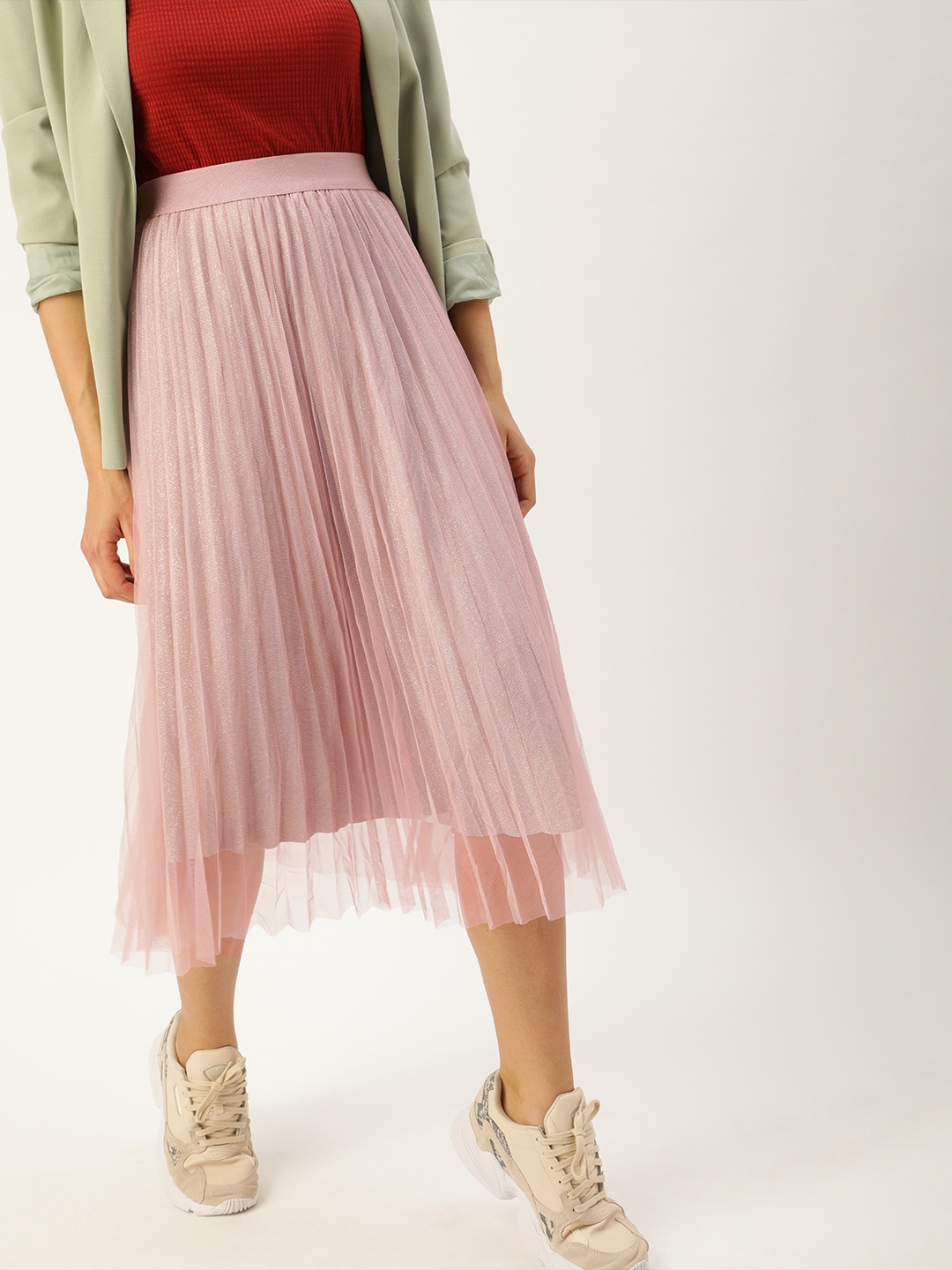 

SHECZZAR Women Peach-Coloured Shimmery Accordion Pleated Flared Skirt