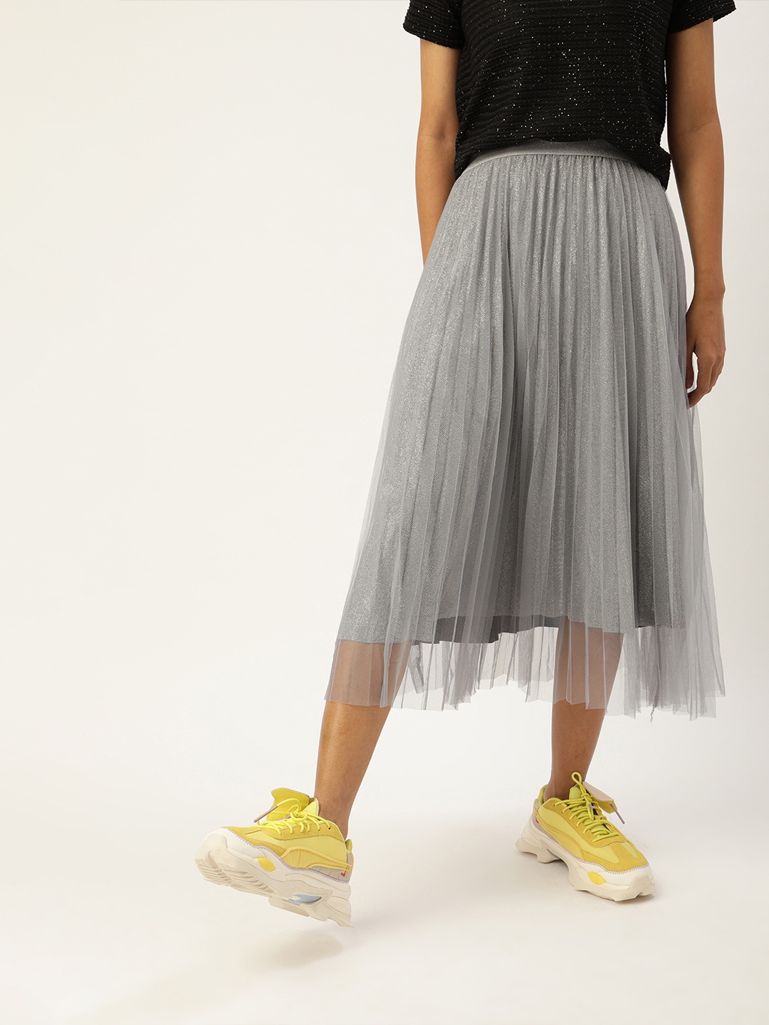 

SHECZZAR Women Grey Shimmery Accordion Pleated Flared Skirt
