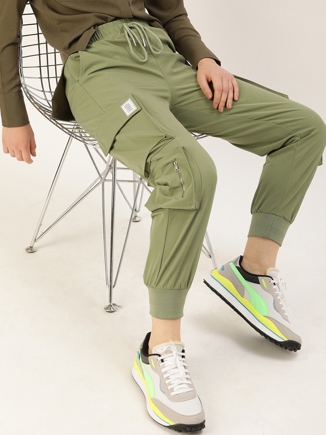 

SHECZZAR Women Olive Green Relaxed Regular Fit Solid Cargos