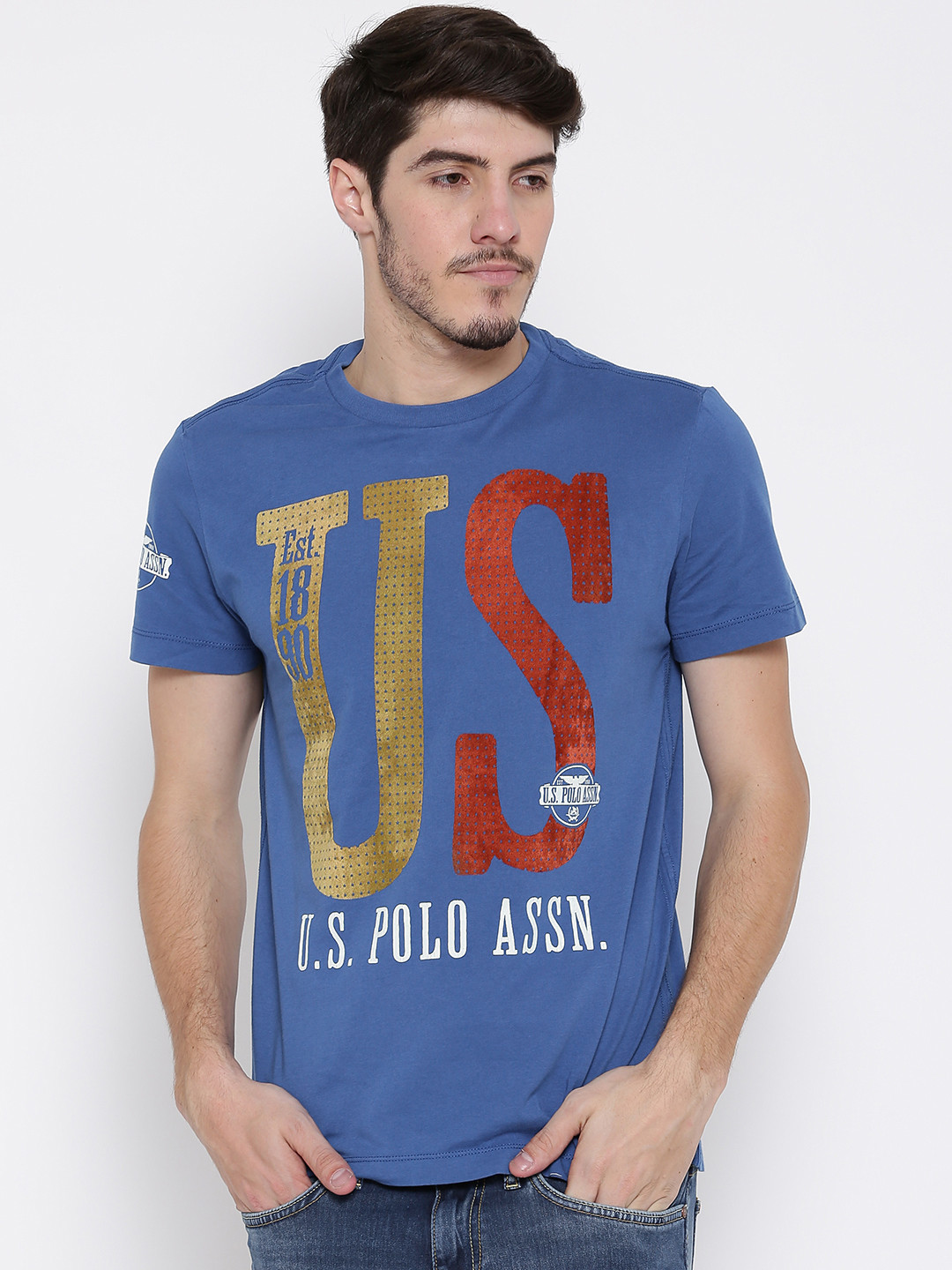 

U.S. Polo Assn. Men Blue Printed Round Neck Pure Cotton T-shirt