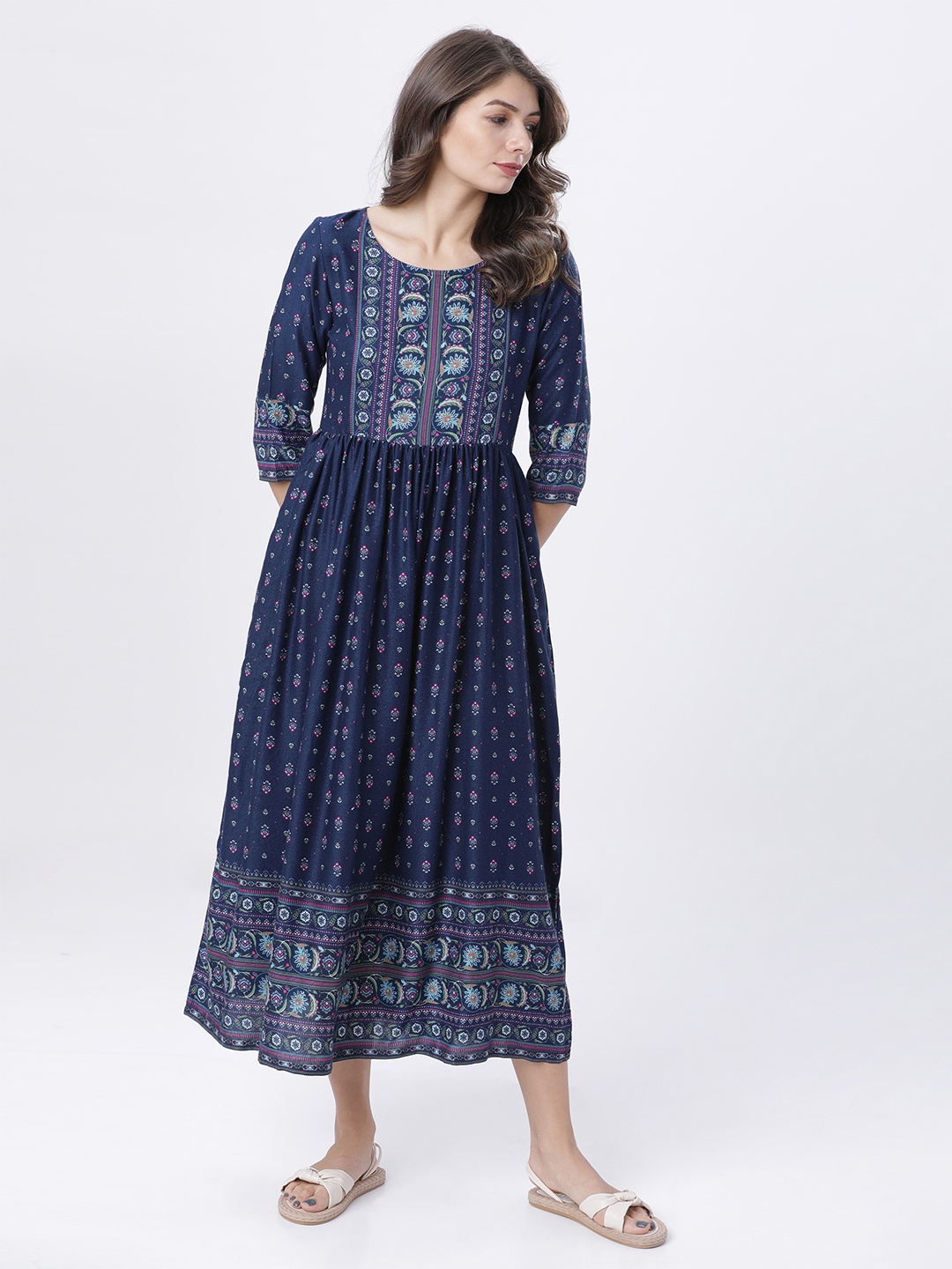 

Vishudh Women Navy Blue Printed Fit and Flare Dress