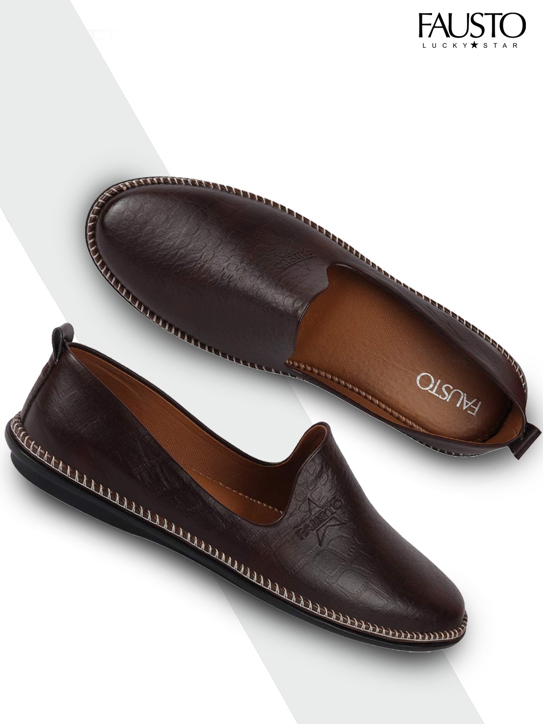 

FAUSTO Men Brown Textured Leather Slip-On Sneakers