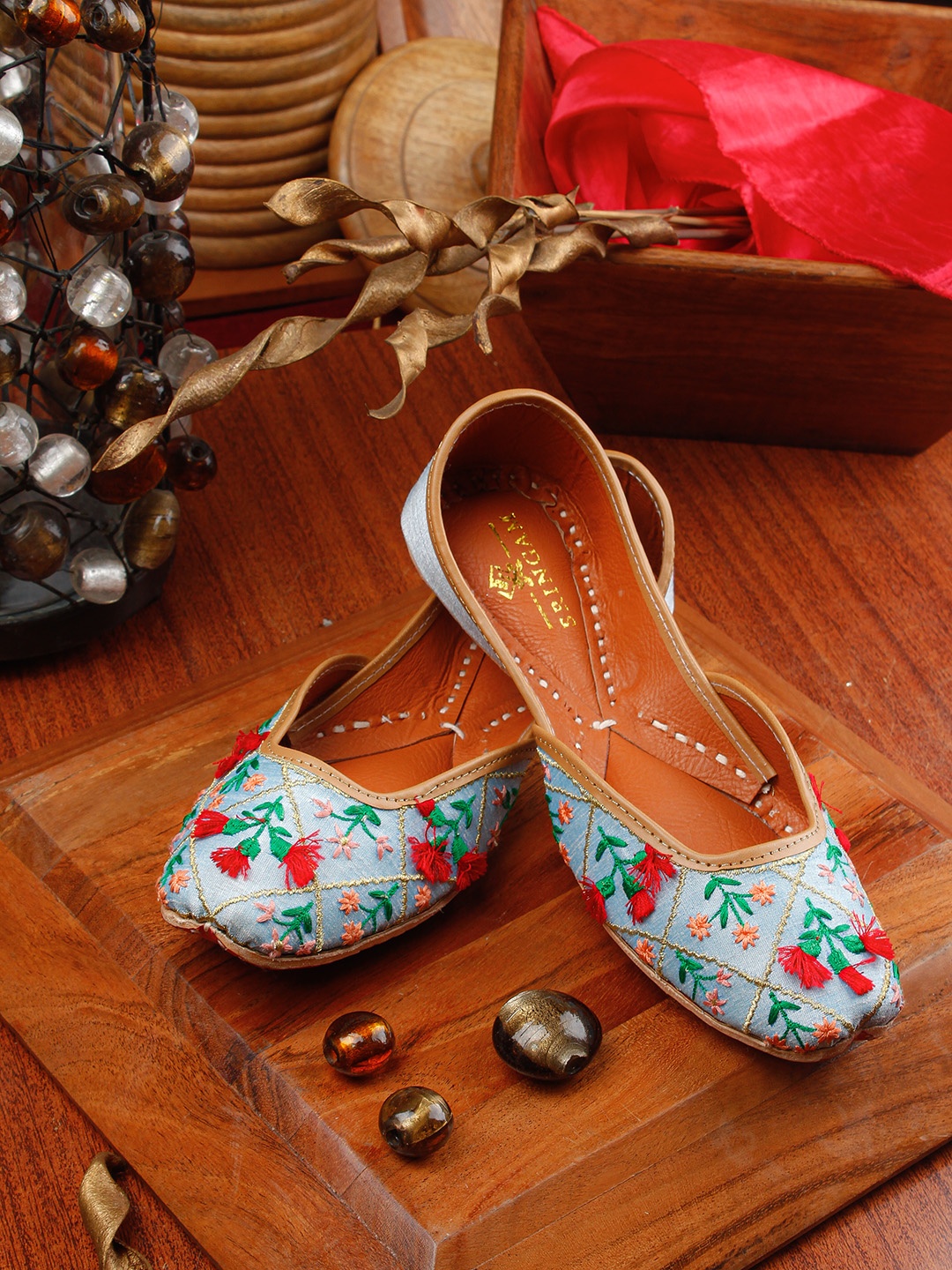 

Sringam Women Blue Embroidered Handcrafted Leather Mojaris