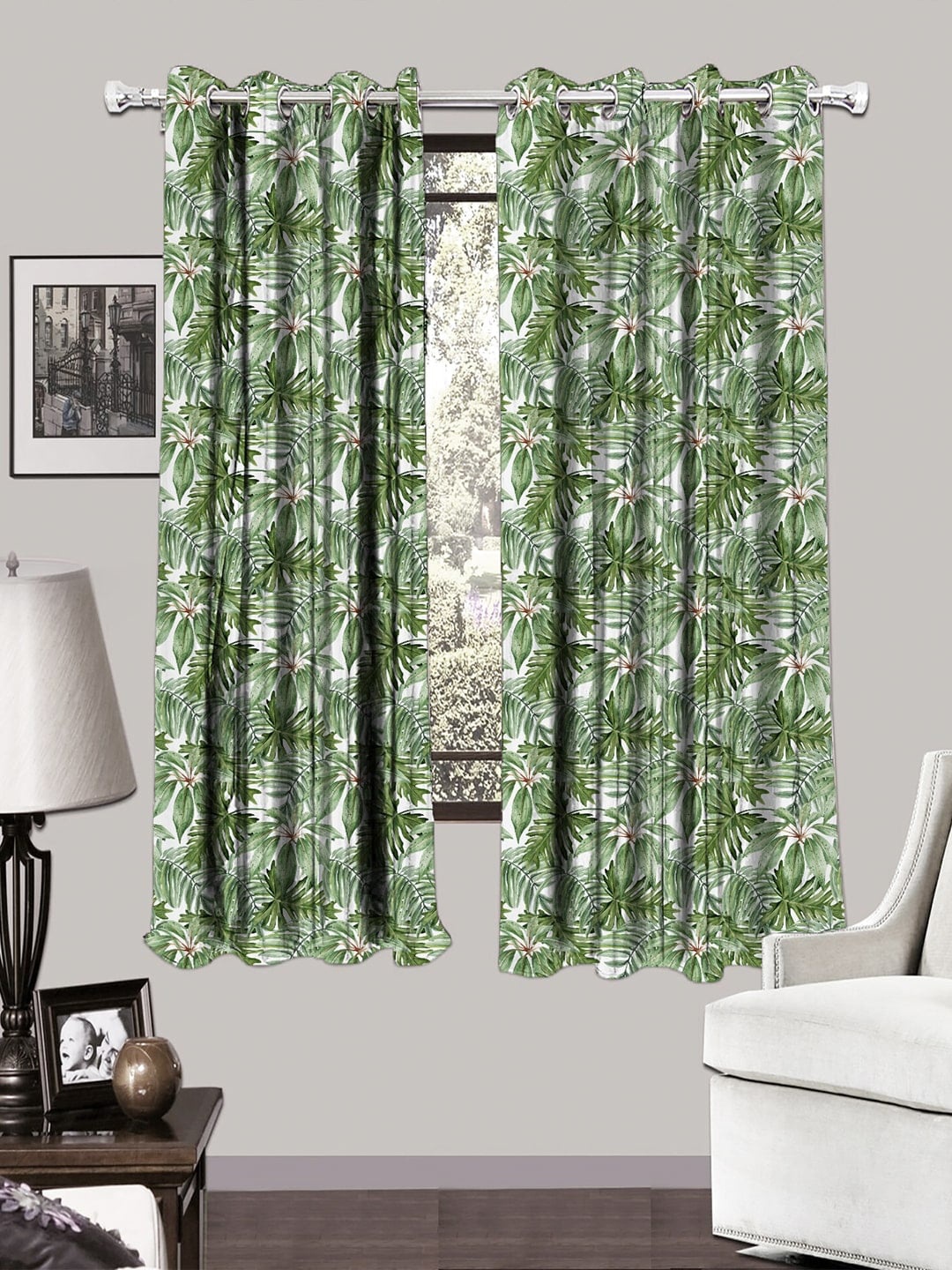 

HOUZZCODE White & Green Set of 2 Floral Printed Black Out Window Curtains