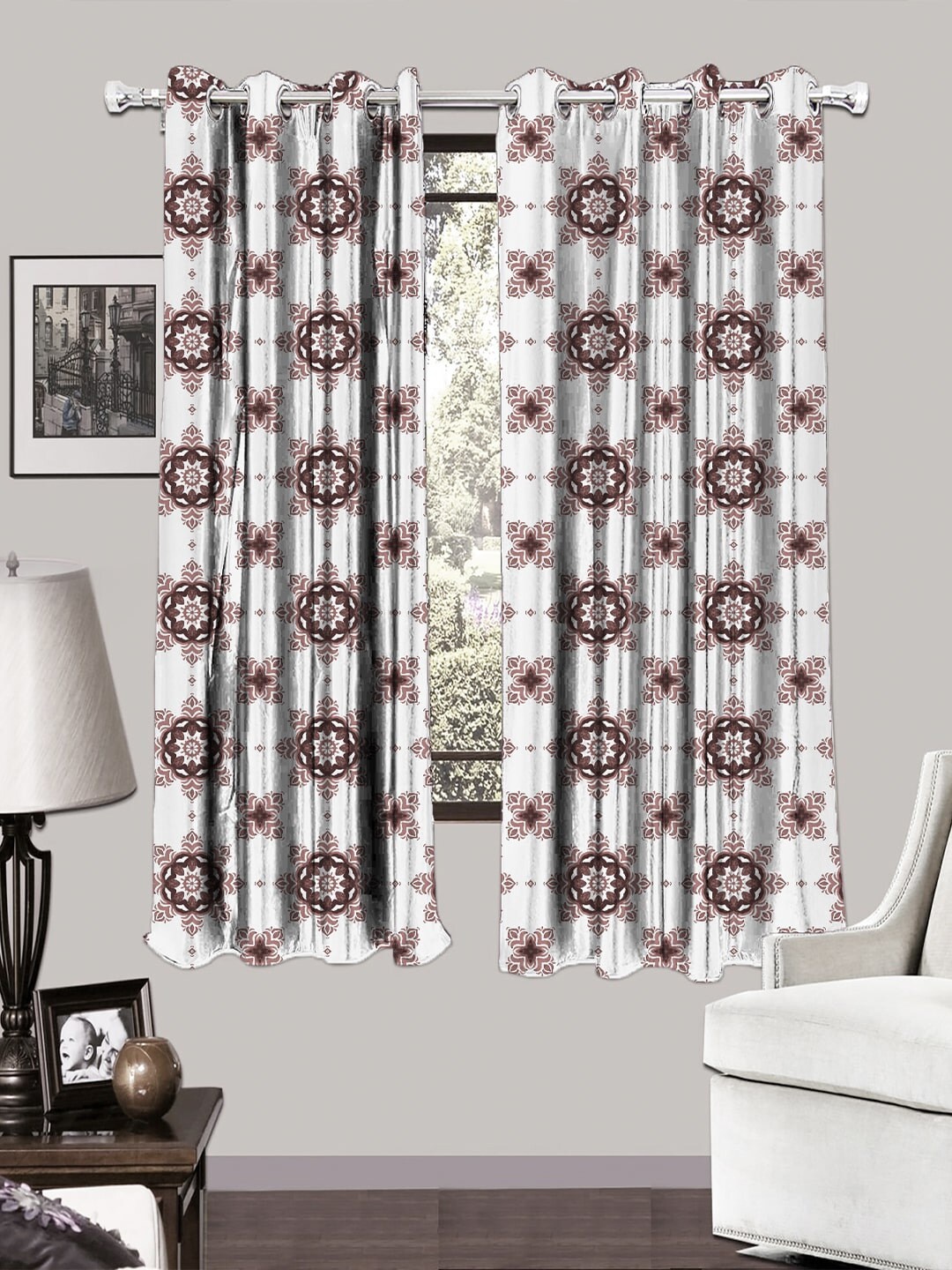 

HOUZZCODE White & Burgundy Set of 2 Ethnic Motifs Printed Black Out Window Curtains