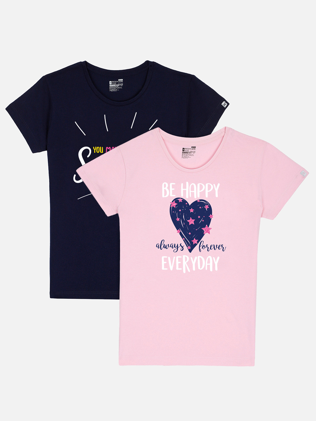 

PROTEENS Girls Pack of 2 Printed Antibacterial & Antiviral finish Round Neck T-shirt, Navy blue