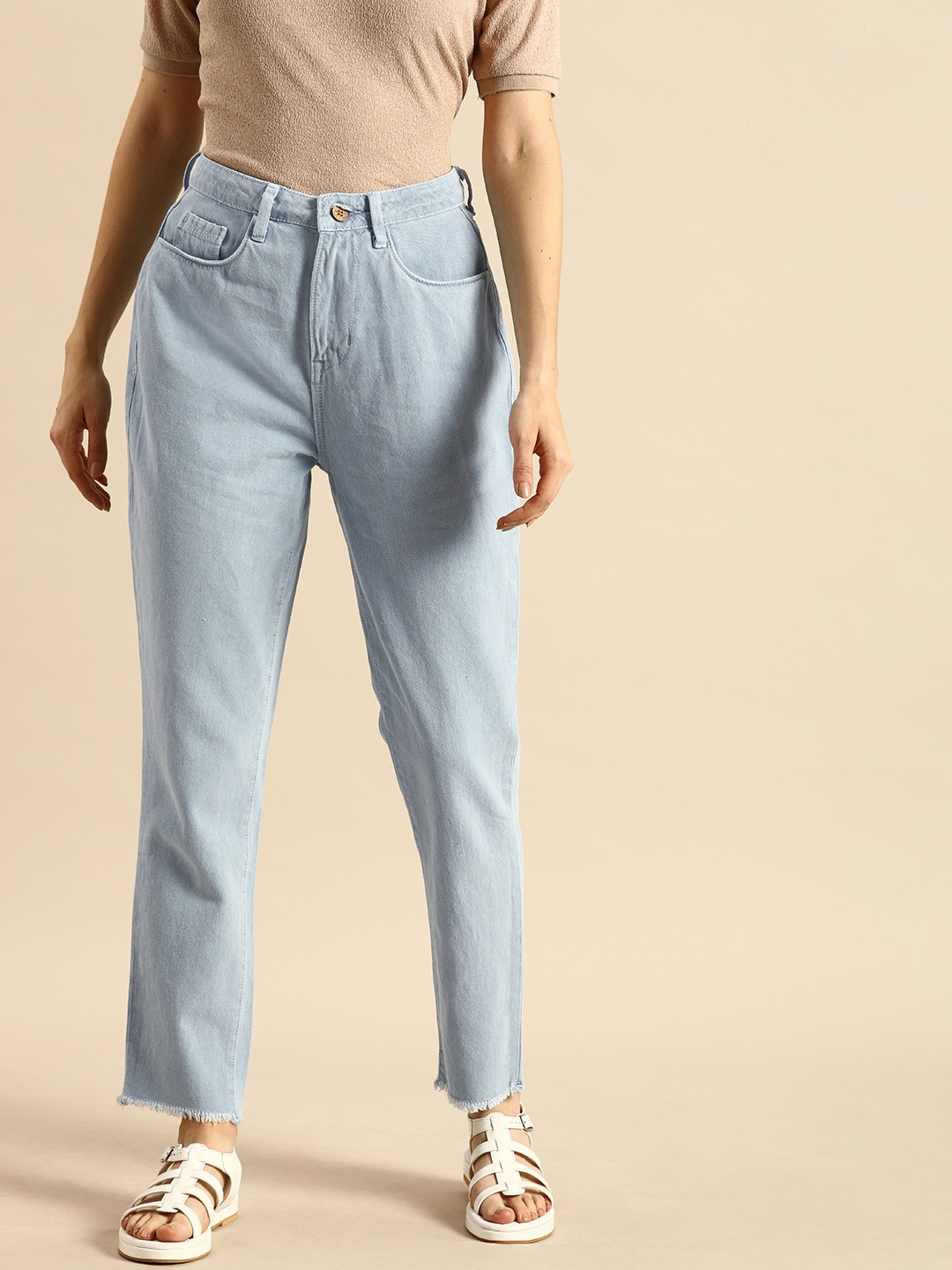 

ether Women Blue Boyfriend Fit High-Rise Clean Look Frayed Jeans