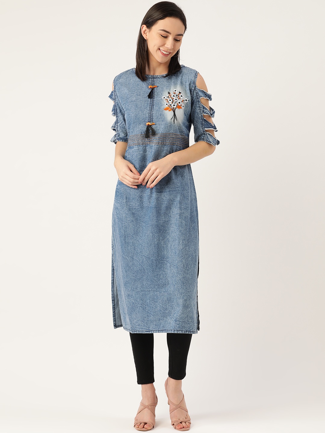 

Kvsfab Women Blue Floral Embroidered Thread Work Indigo Denim Straight Kurta