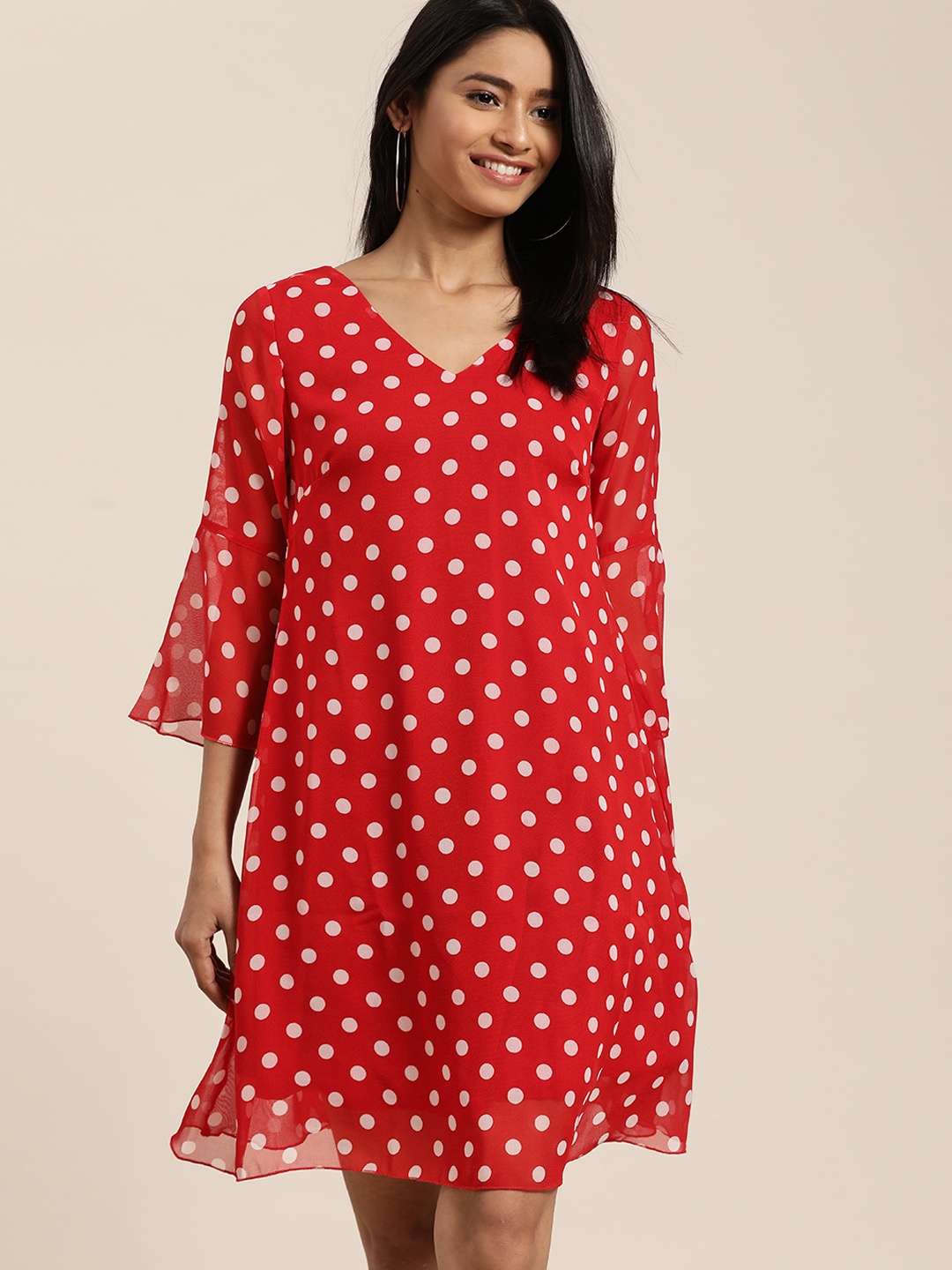 

Qurvii Women Polka Dots Printed A-Line Dress, Red