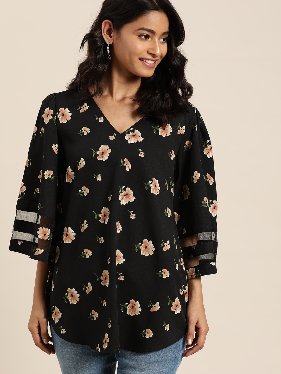 

Qurvii Black & Beige Floral Printed Flared Sleeves Crepe Top