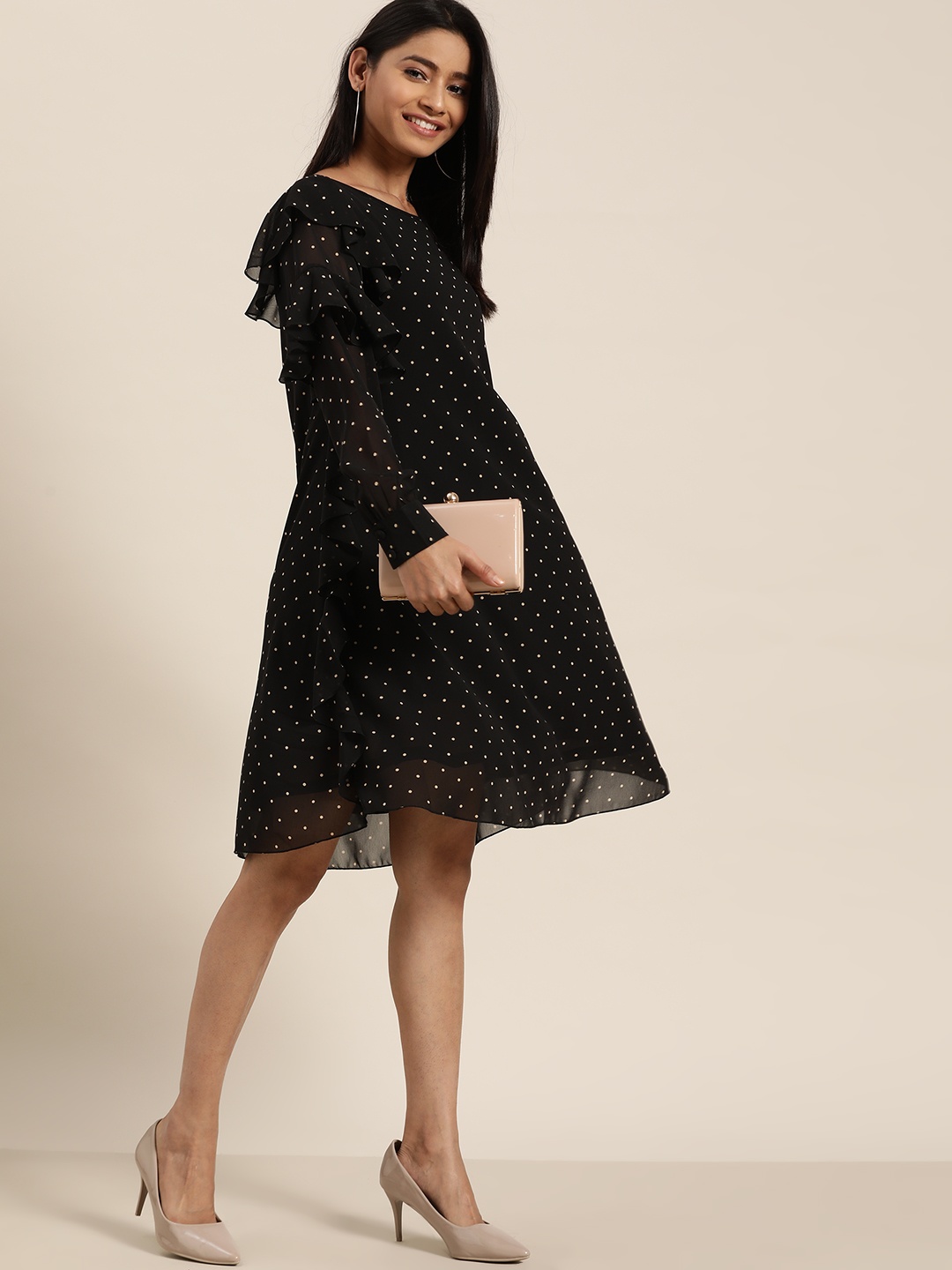 

Qurvii Women Black & Beige Polka Dots Printed A-Line Dress