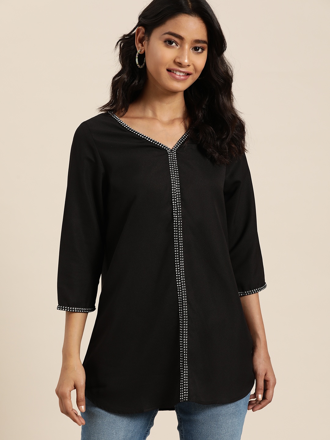 

Qurvii Black Solid Embellished Crepe Top