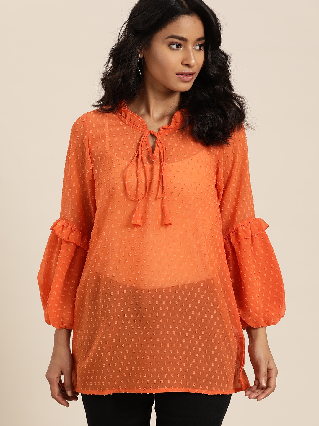 

Qurvii Orange Solid Tie-Up Neck Puff Sleeves Dobby Weave Top