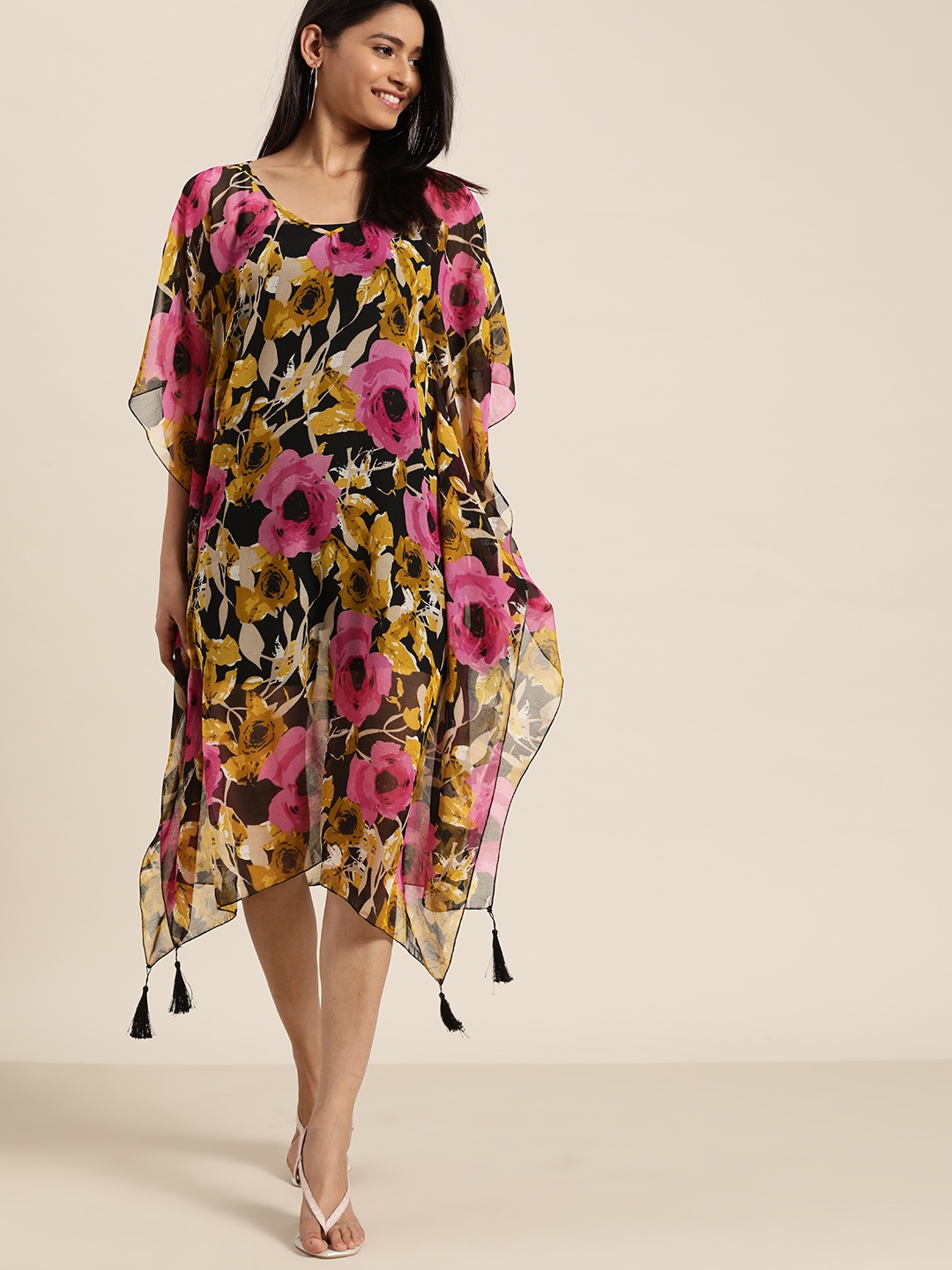 

Qurvii Women Black & Mustard Yellow Sheer Floral Printed Asymmetric Kaftan Dress