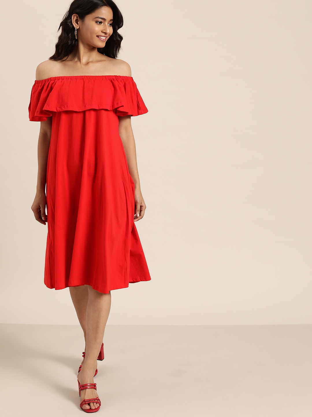 

Qurvii Women Red Solid Off-Shoulder A-Line Dress