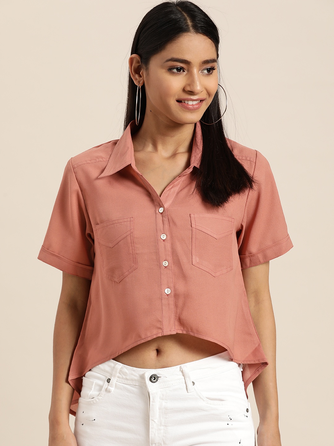 

Qurvii Women Dusty Pink Boxy Solid High-Low Crop Casual Shirt