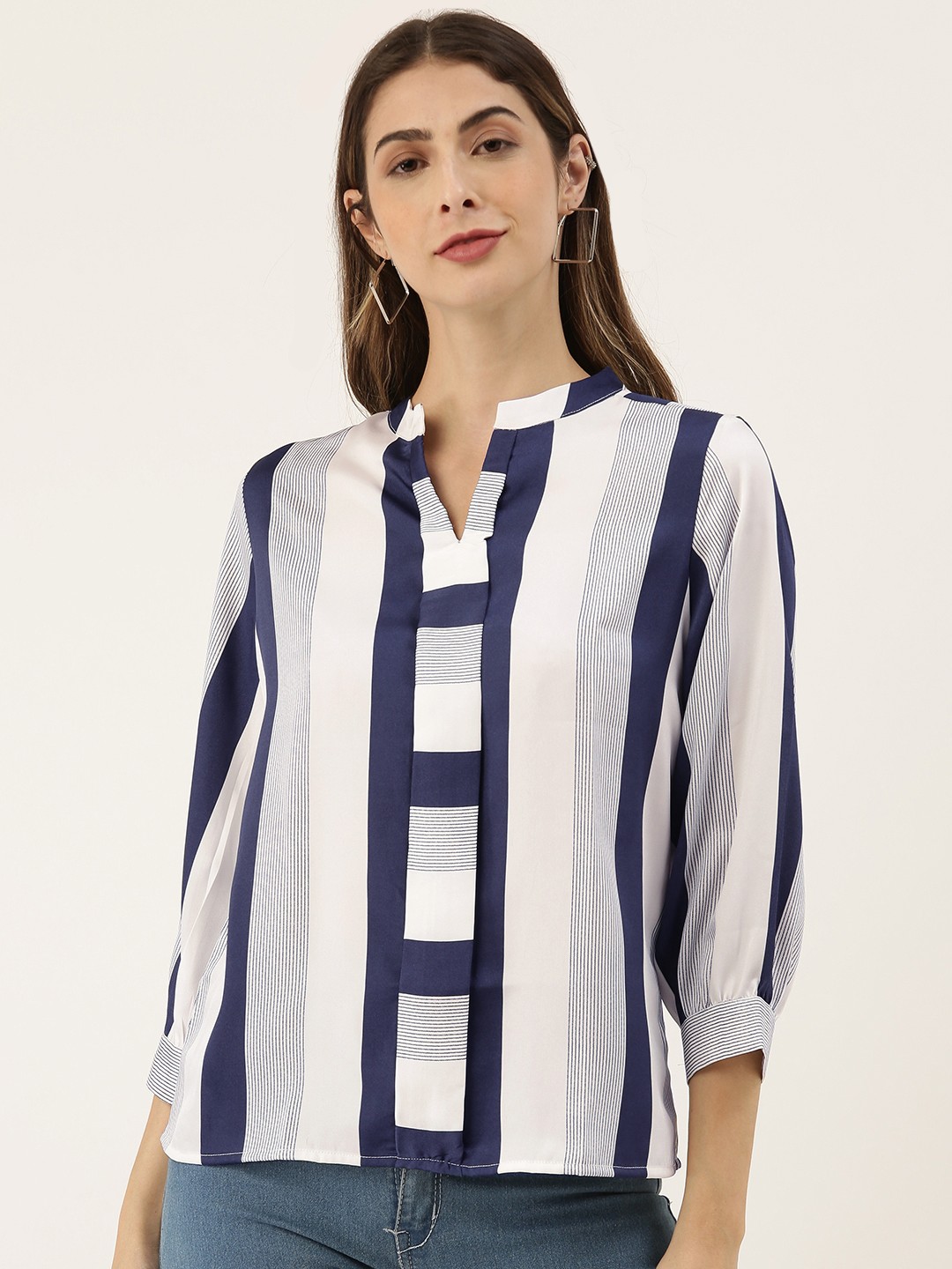 

AND Navy Blue & White Striped Mandarin Collar Puff Sleeves Regular Top