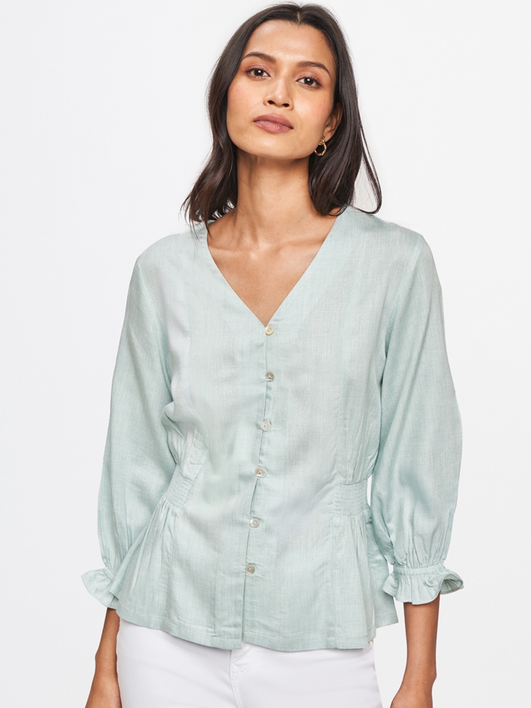 

AND Green Solid Smocked Detailing Regular Top