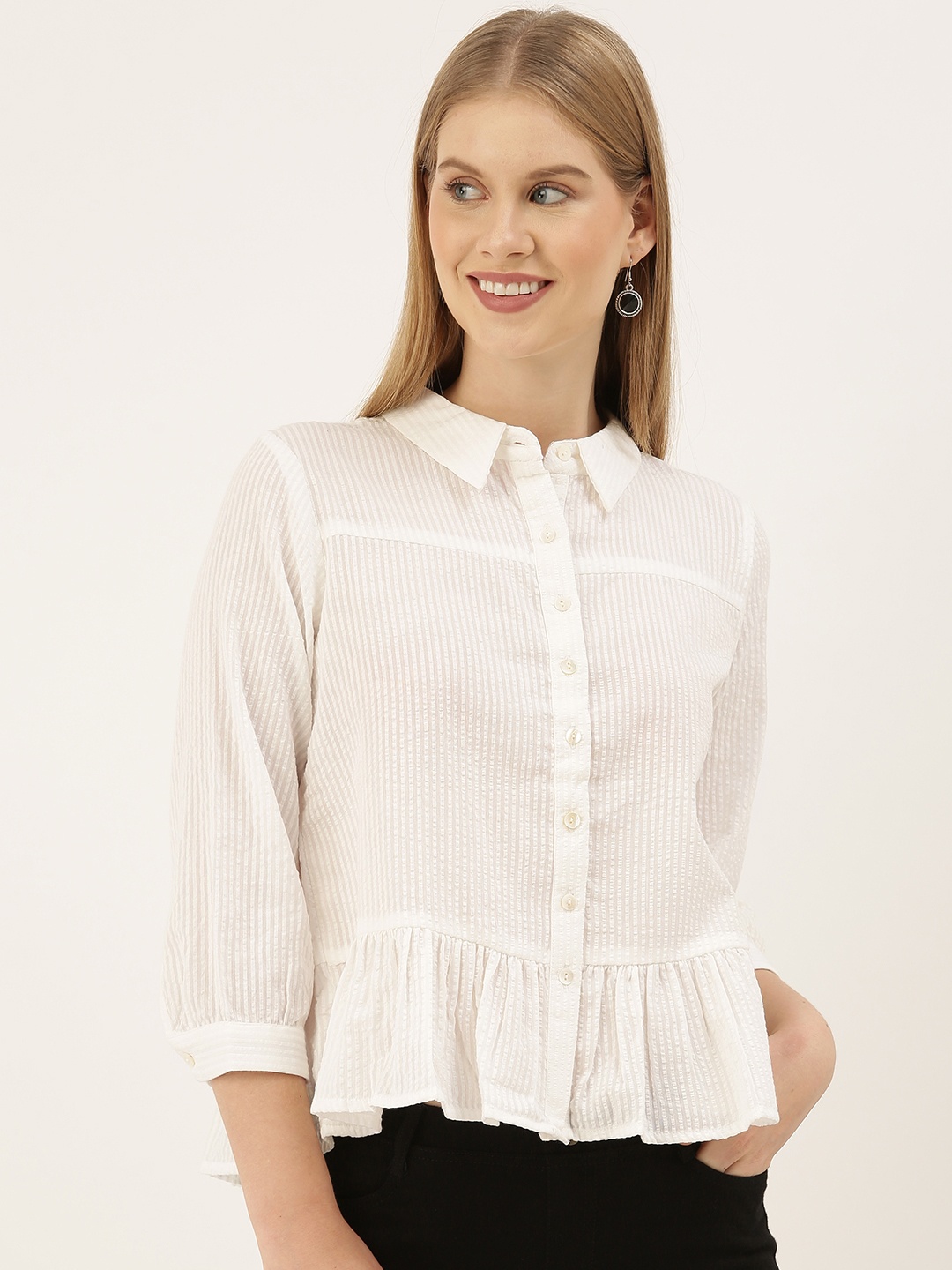

AND Women White Striped Pure Cotton Regular Fit Casual Shirt
