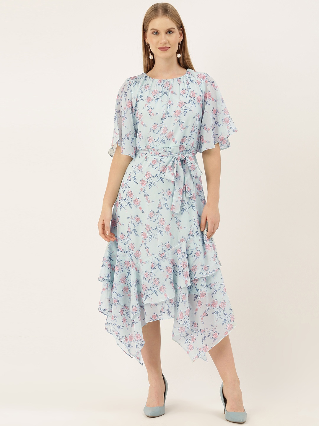 

AND Women Blue & Pink Floral Printed Fit and Flare Dress