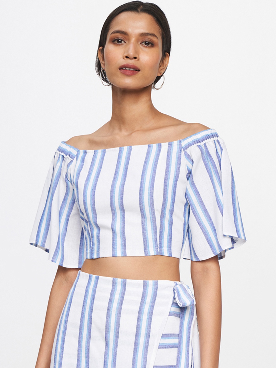 

AND Women White & Blue Striped Off Shoulder Co-Ordinate Set