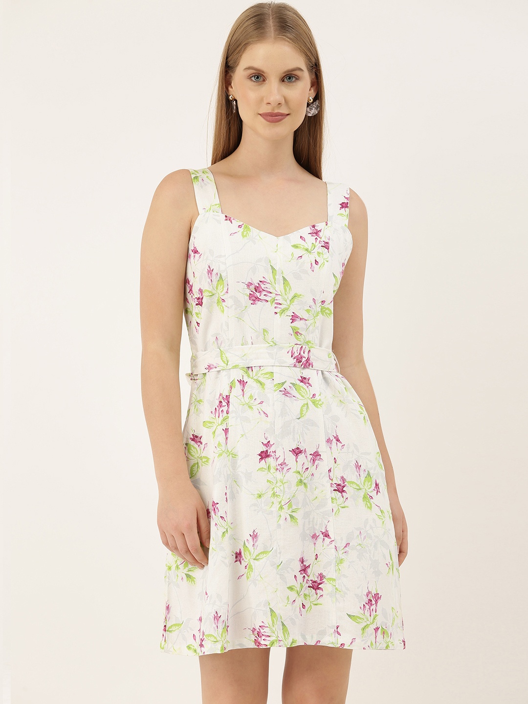 

AND Women White Pink & Green Floral Printed A-Line Dress