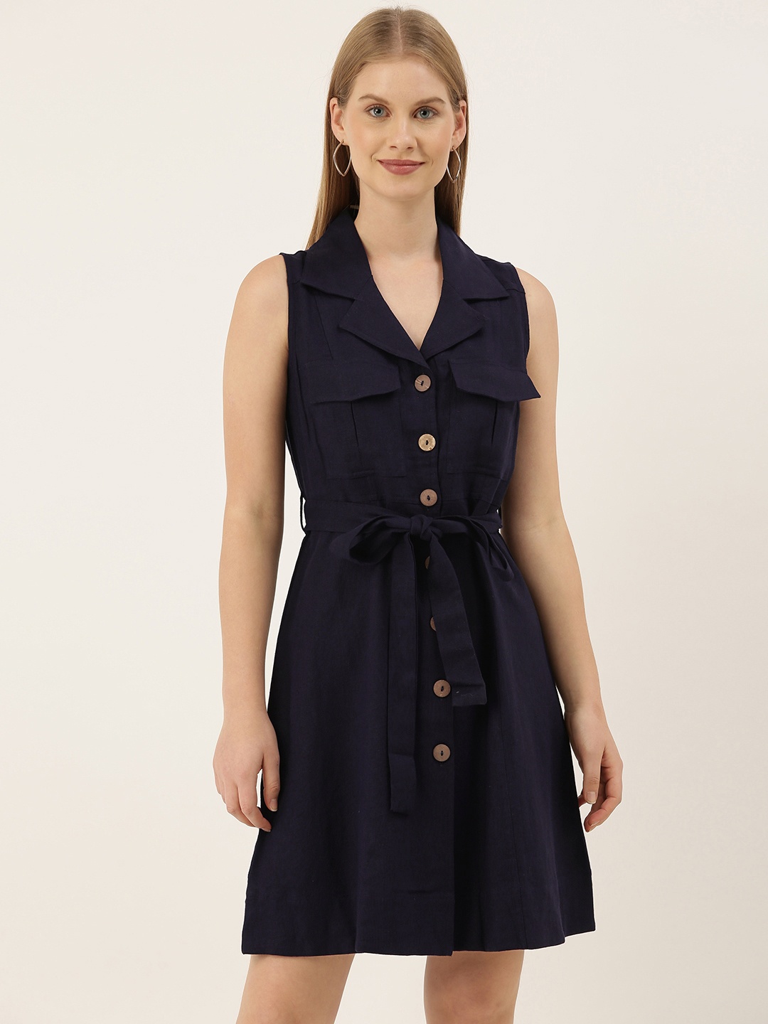 

AND Women Navy Blue Solid Linen Shirt Dress