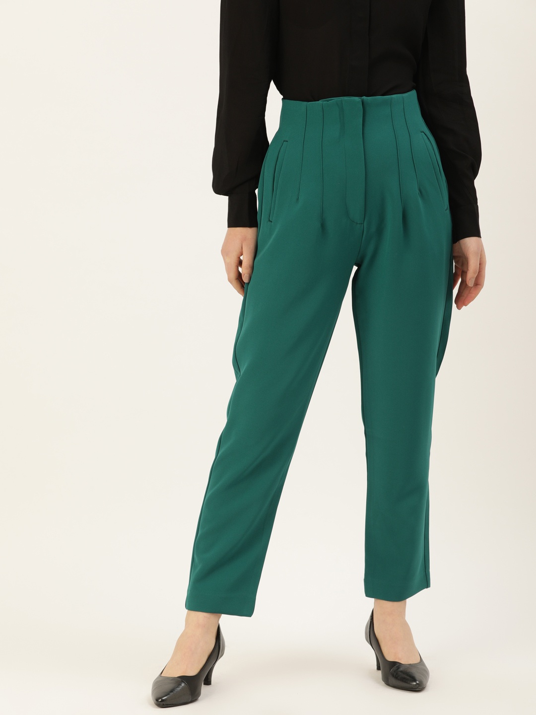 

AND Women Teal Green Solid Front Pleated Formal Trousers