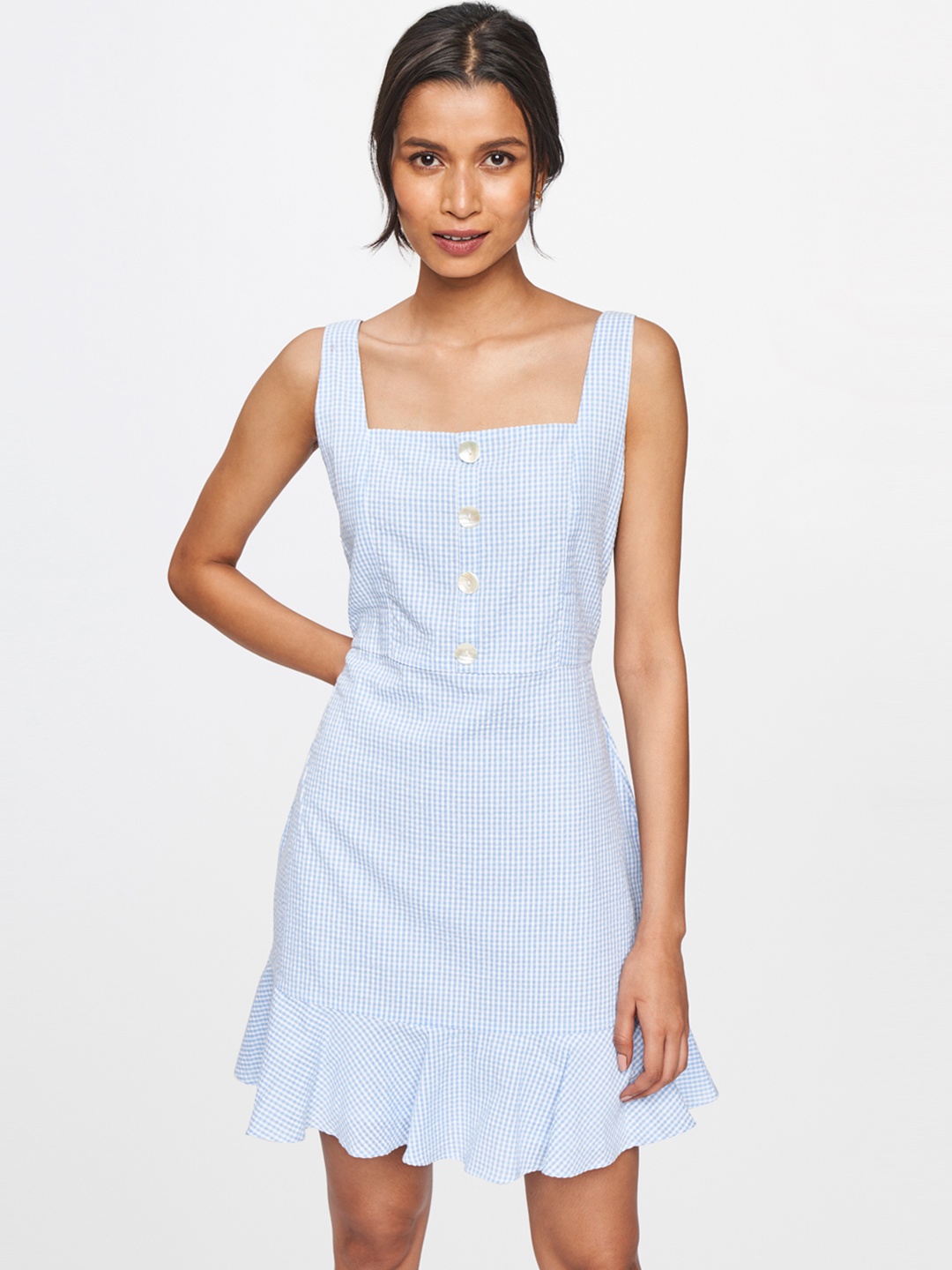 

AND Women Blue & White Checked Fit and Flare Flounce Dress With Smock detail