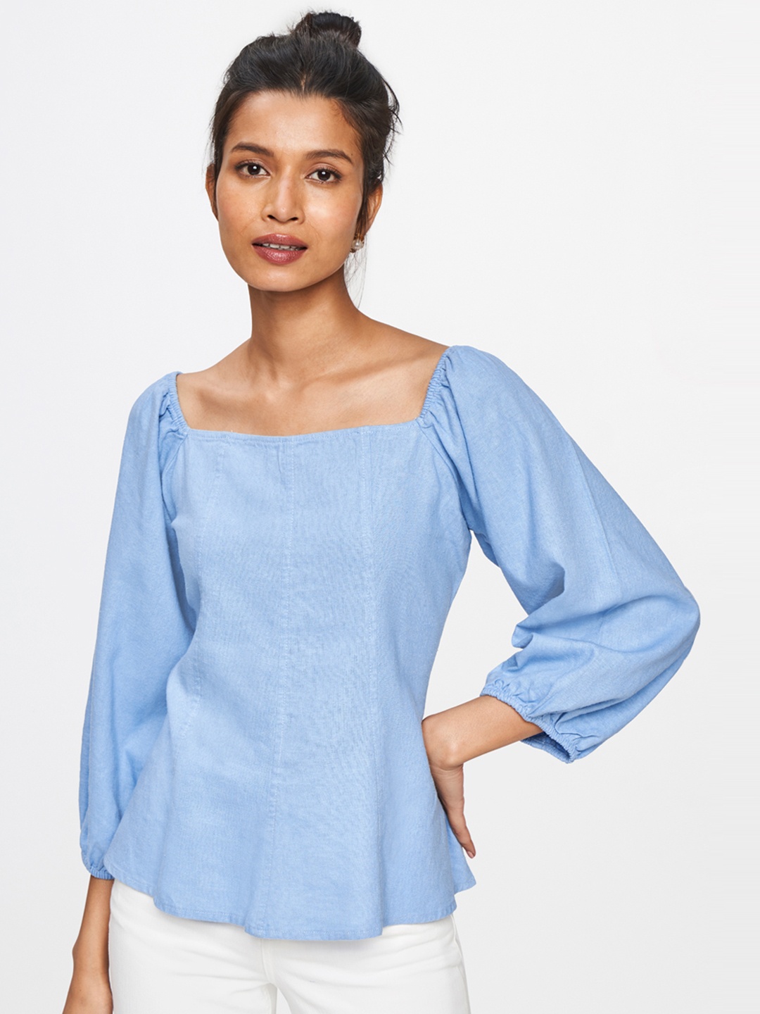 

AND Blue Puff Sleeve Linen Square Neck Regular Top