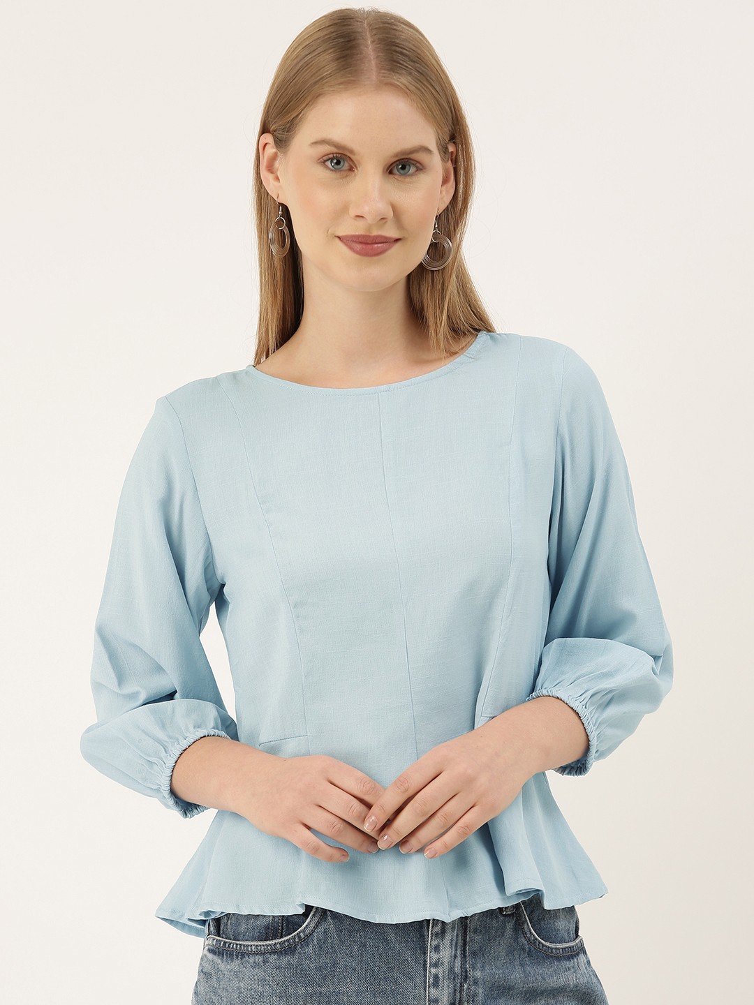 

And Women Blue Solid Peplum Top