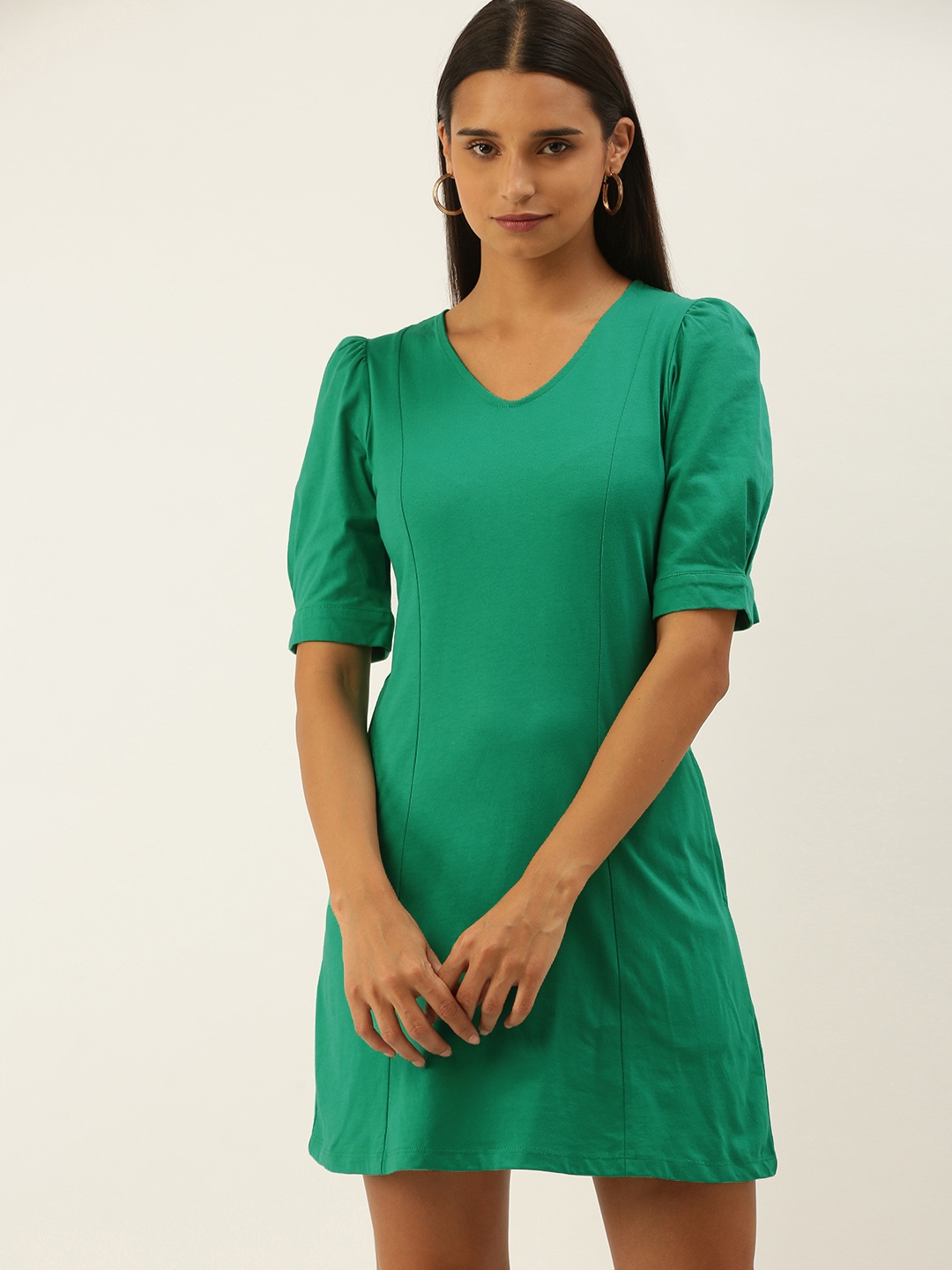 

AND Green Solid Puff Sleeve Sheath Dress