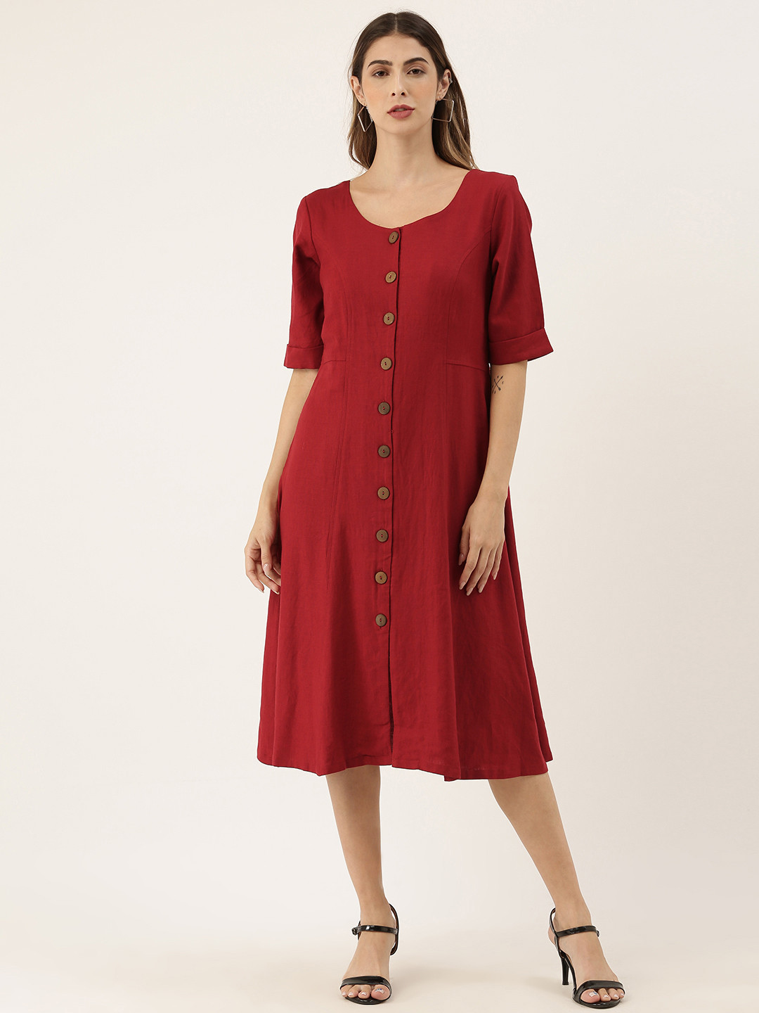 

AND Women Maroon Solid A-Line Dress