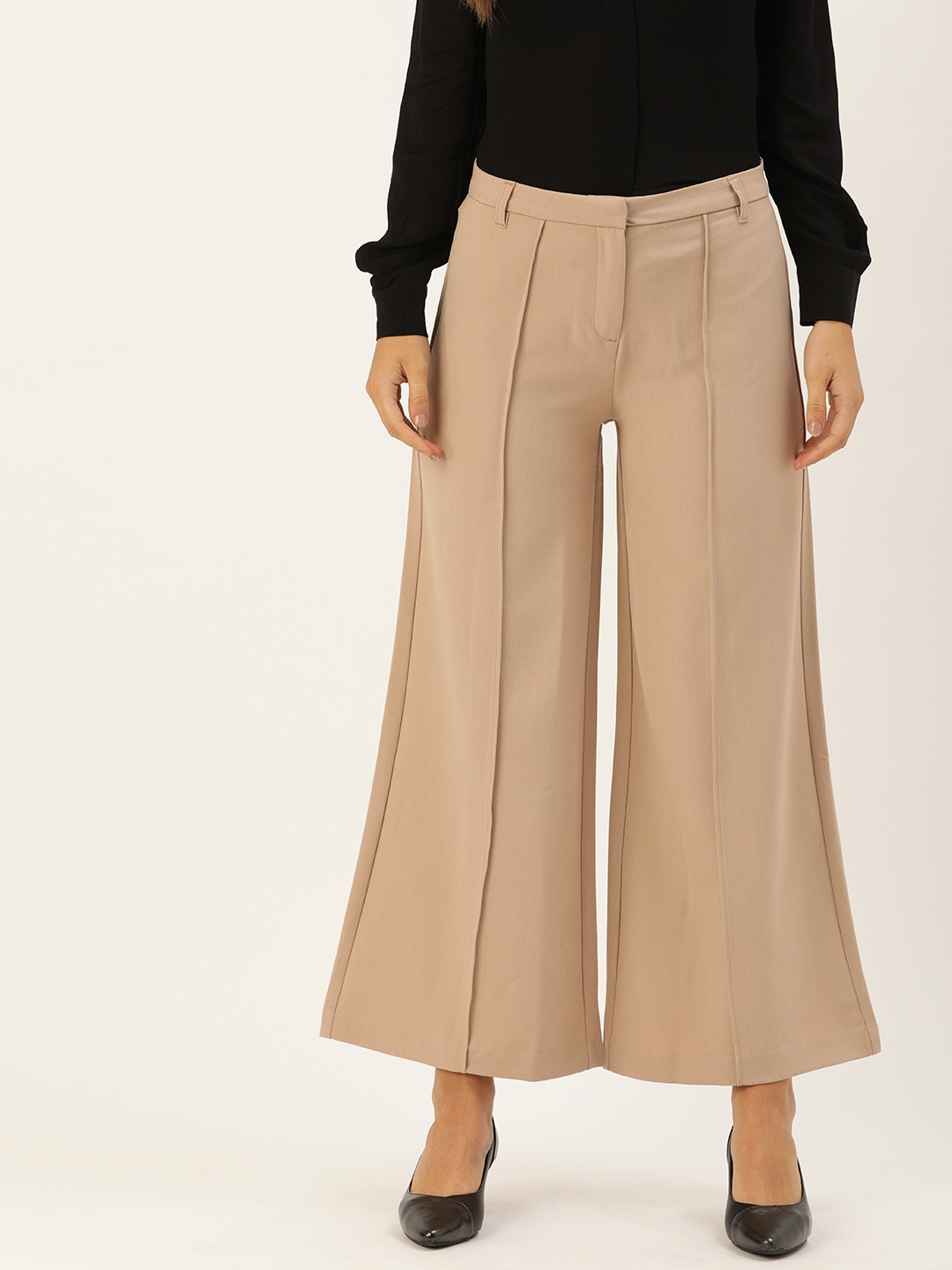 

AND Women Beige Loose Fit Solid Panelled Formal Trousers