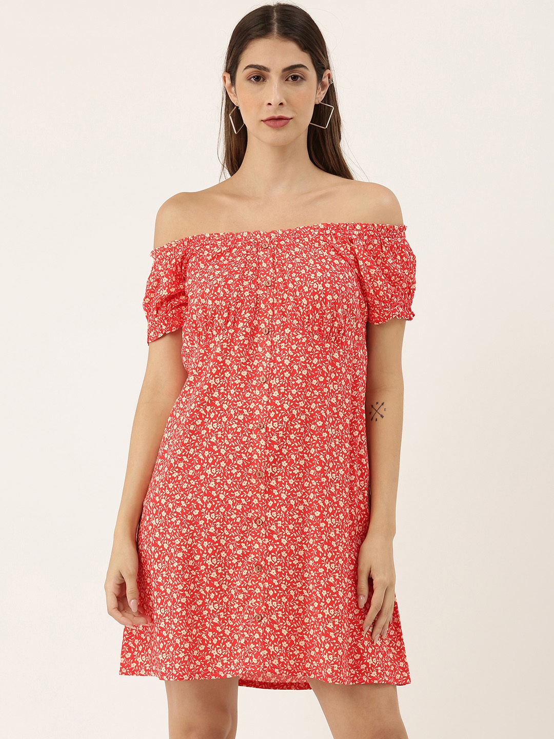 

AND Women Coral Red Printed Sustainable EcoVero Bardot Style A-Line Dress