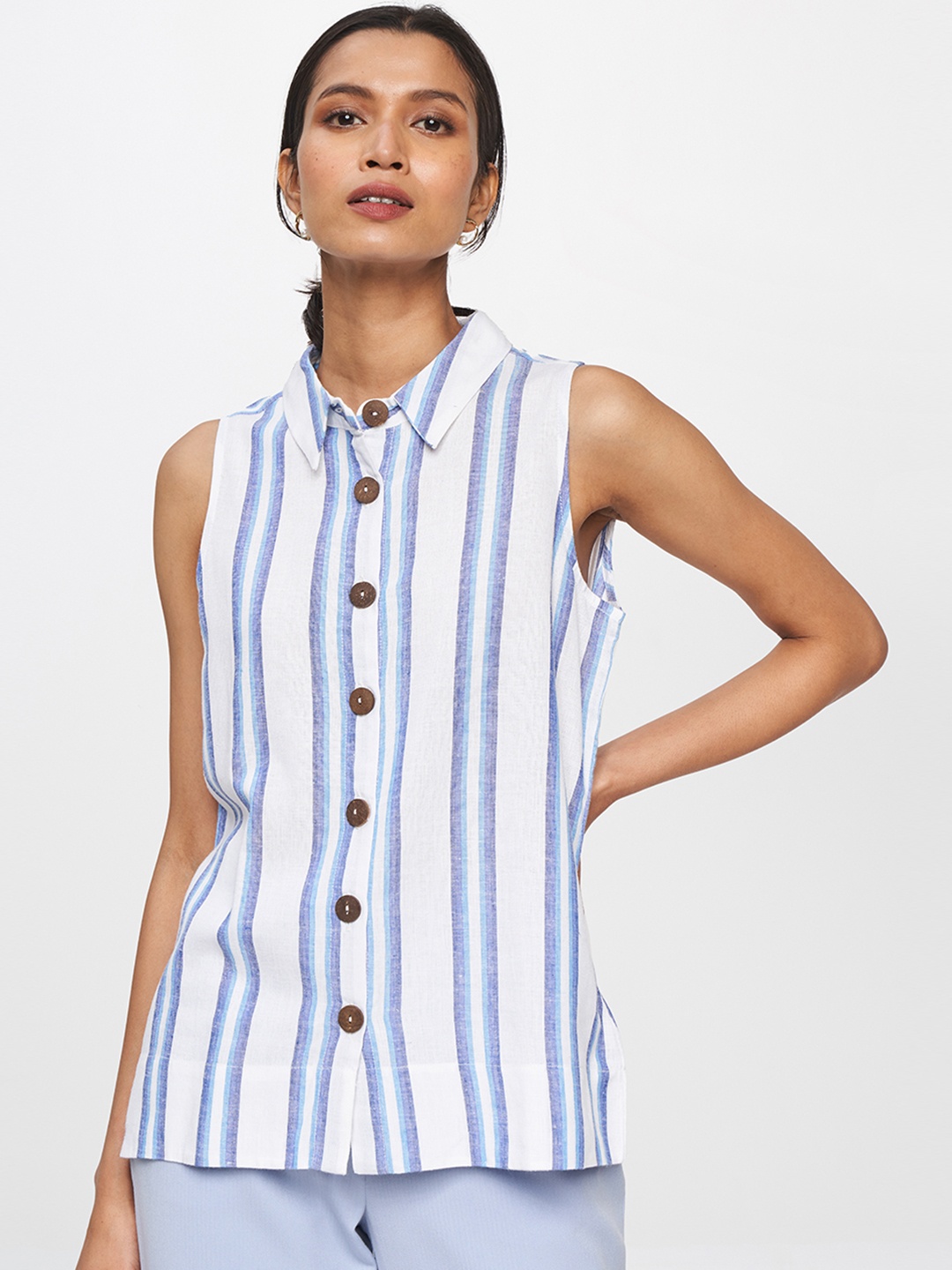 

AND White & Blue Striped Shirt Style Top