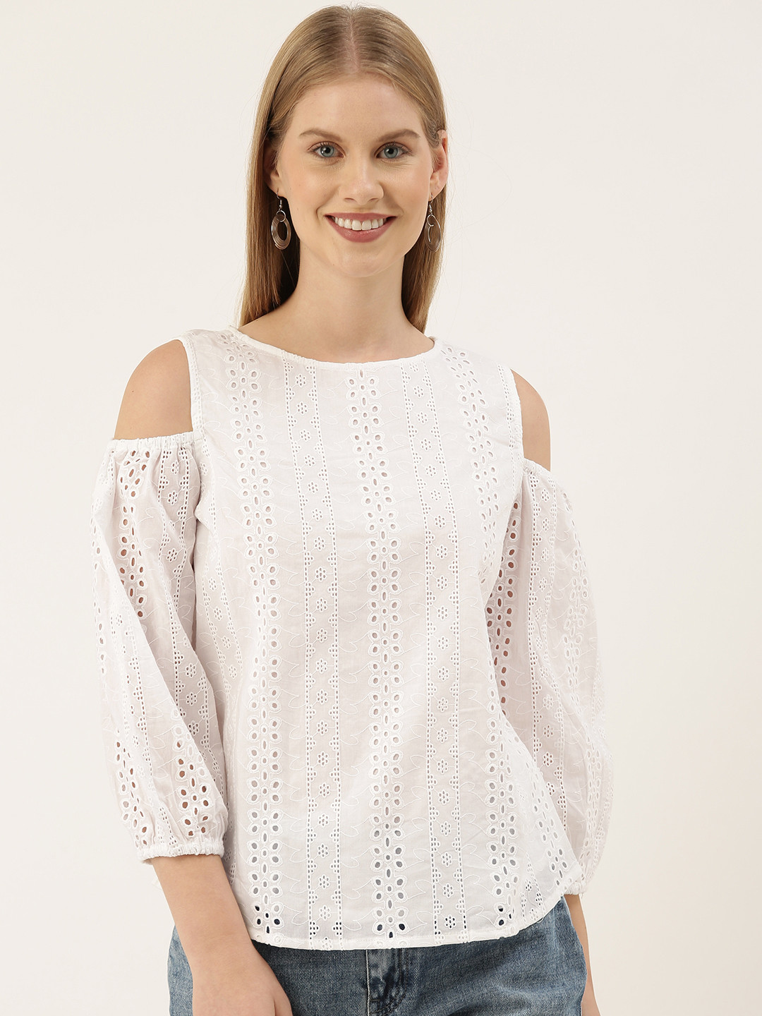

And Women White Cold-Shoulder Sleeves Pure Cotton Regular Top