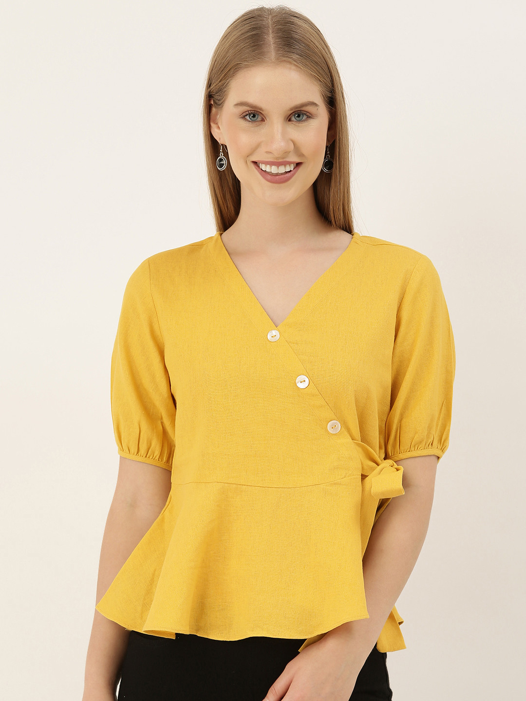

And Yellow Solid V-Neck Puff Sleeves Peplum Top