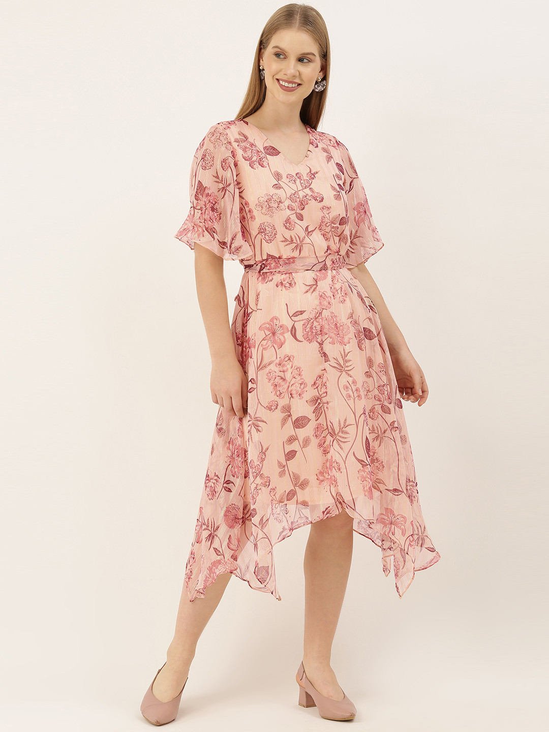 

AND Women Pink & Brown Floral Printed Fit and Flare Dress