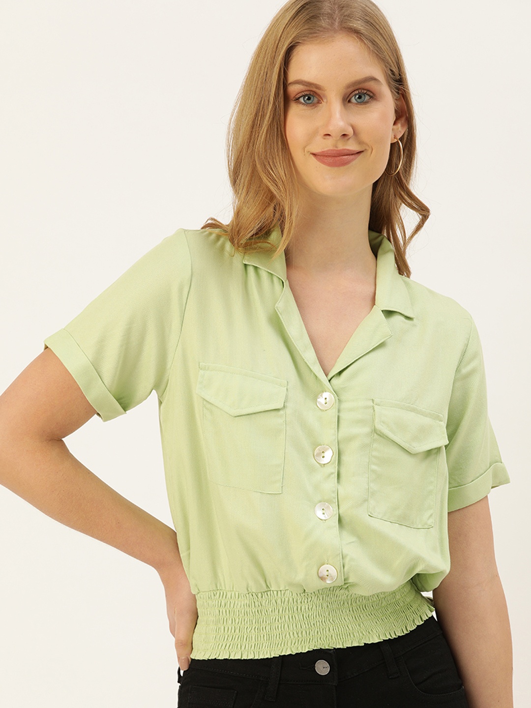 

AND Women Green Regular Fit Solid Cuban Collar Smocked Casual Shirt