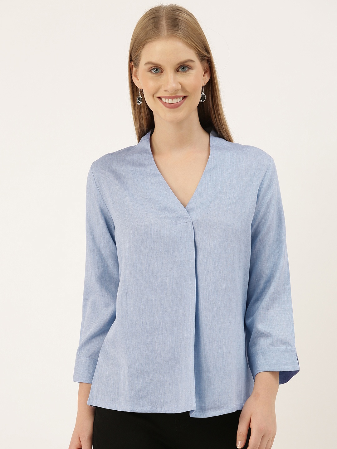 

And Blue Solid V-Neck Cuffed Sleeves A-line Top