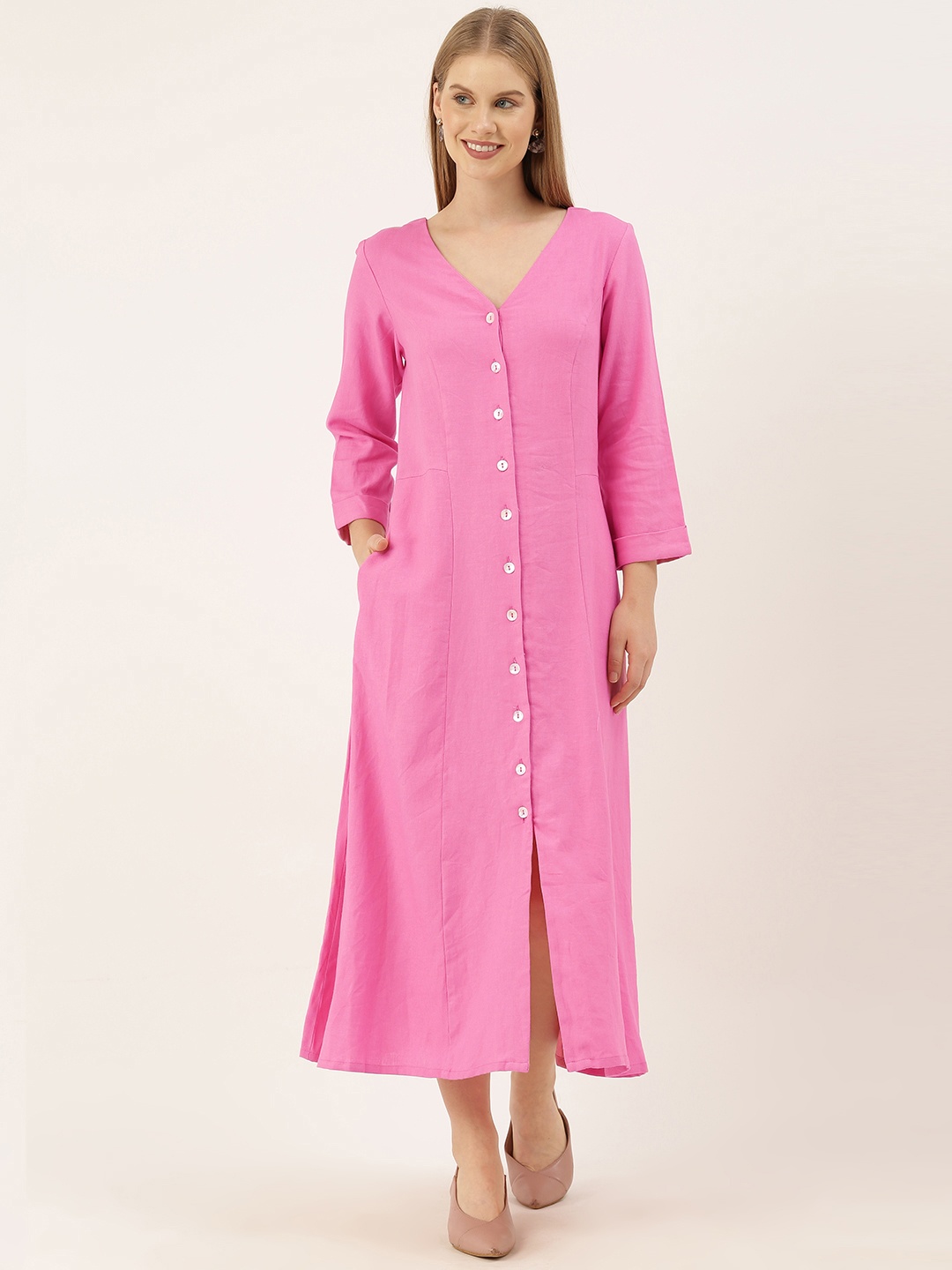 

AND Women Pink Solid A-Line Dress