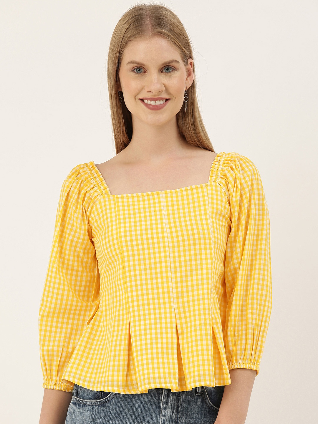 

And Women Yellow & White Checked Puff Sleeves Peplum Top