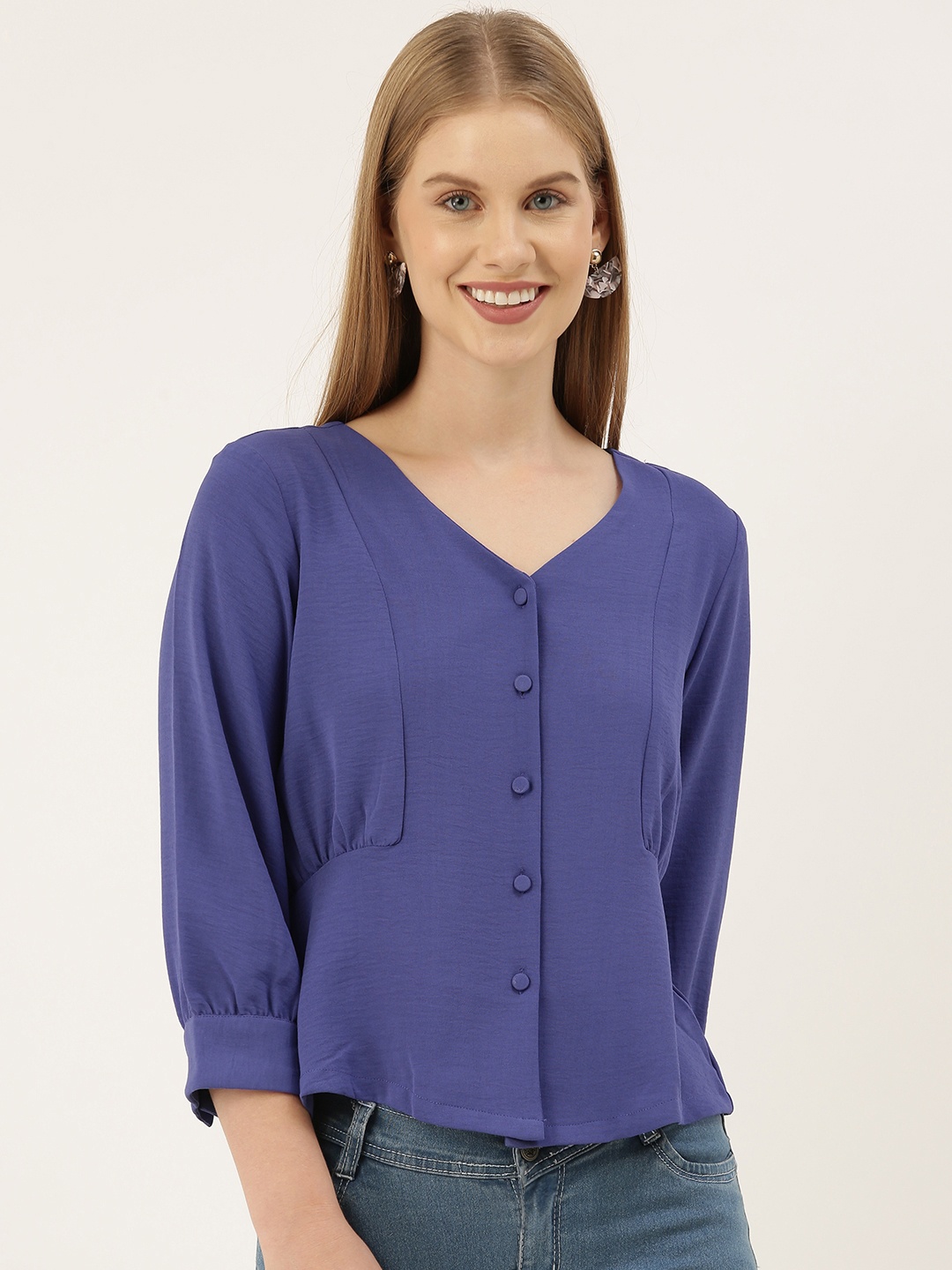 

And Blue Solid Pleated Shirt Style Top