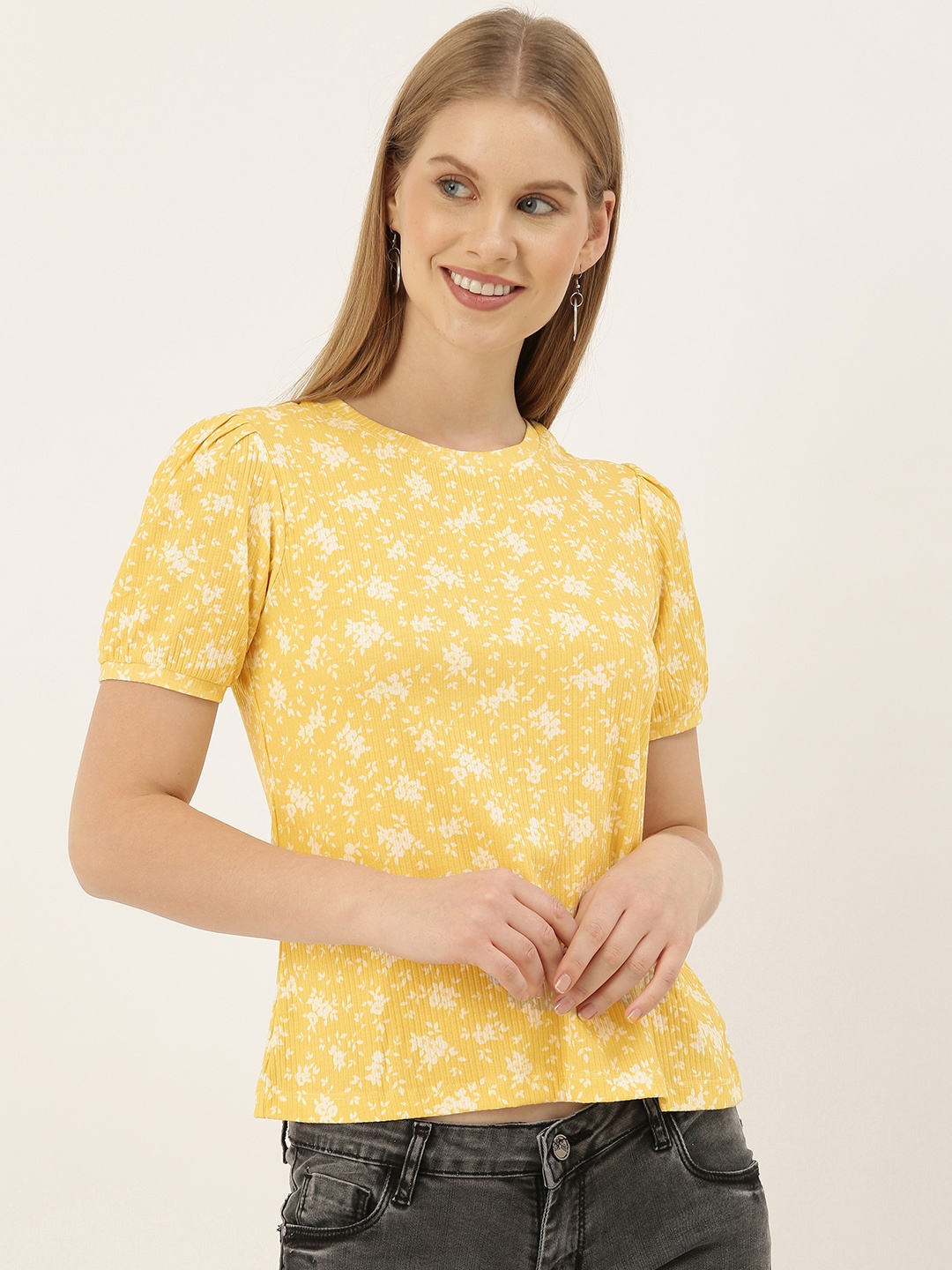 

And Yellow Floral Printed Puff Sleeves Regular Top